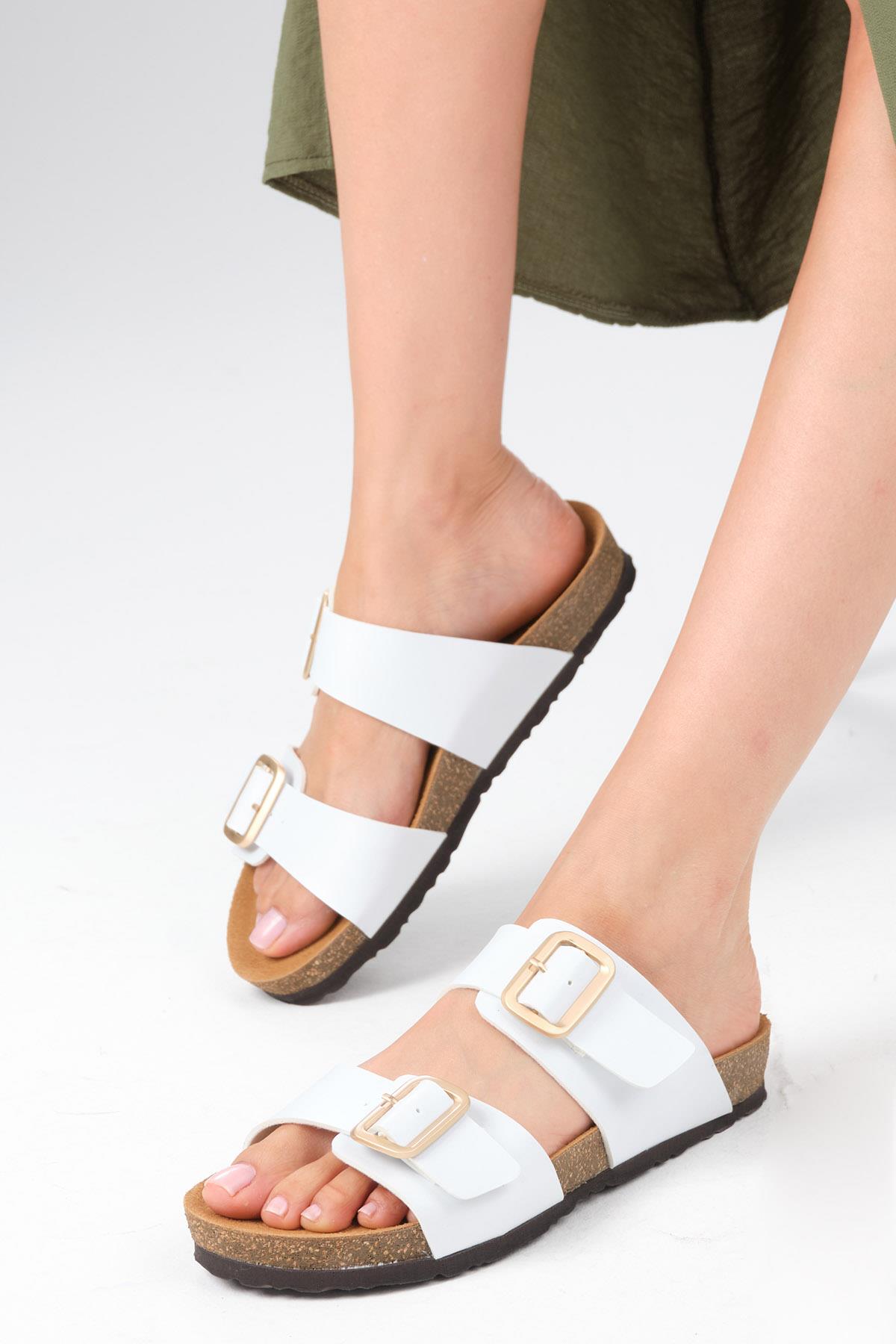 Lily Beyaz Renk Ortopedik Mantar Tabanlı Terlik