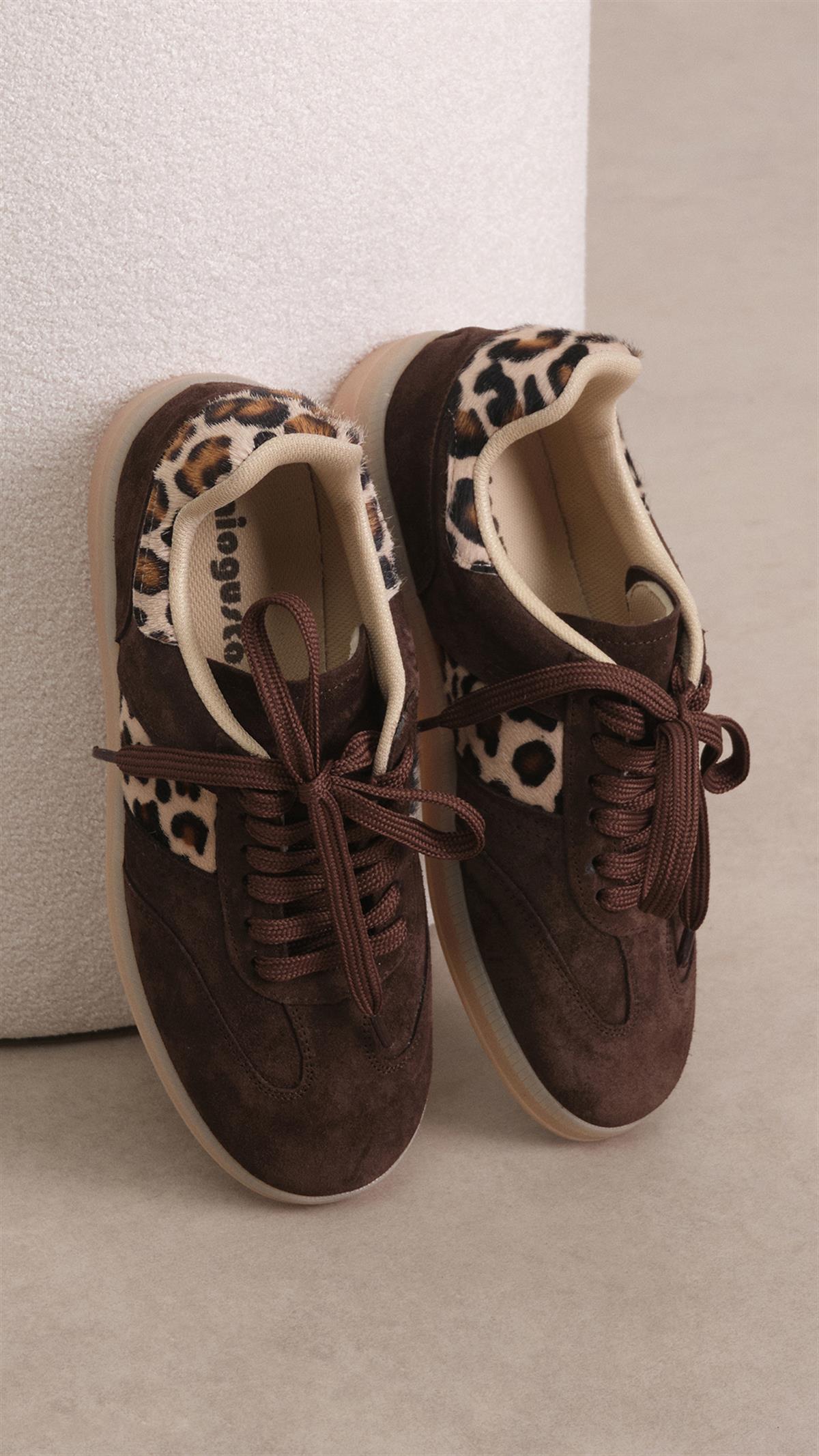 Nicole Hakiki Süet Leopar Garnili Kahverengi Spor Ayakkabı