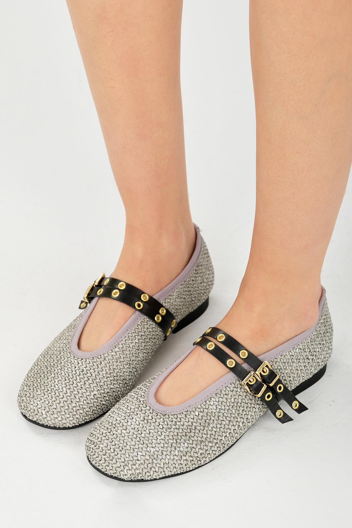 Nolina Hasır Gri Renk Bantlı Babet