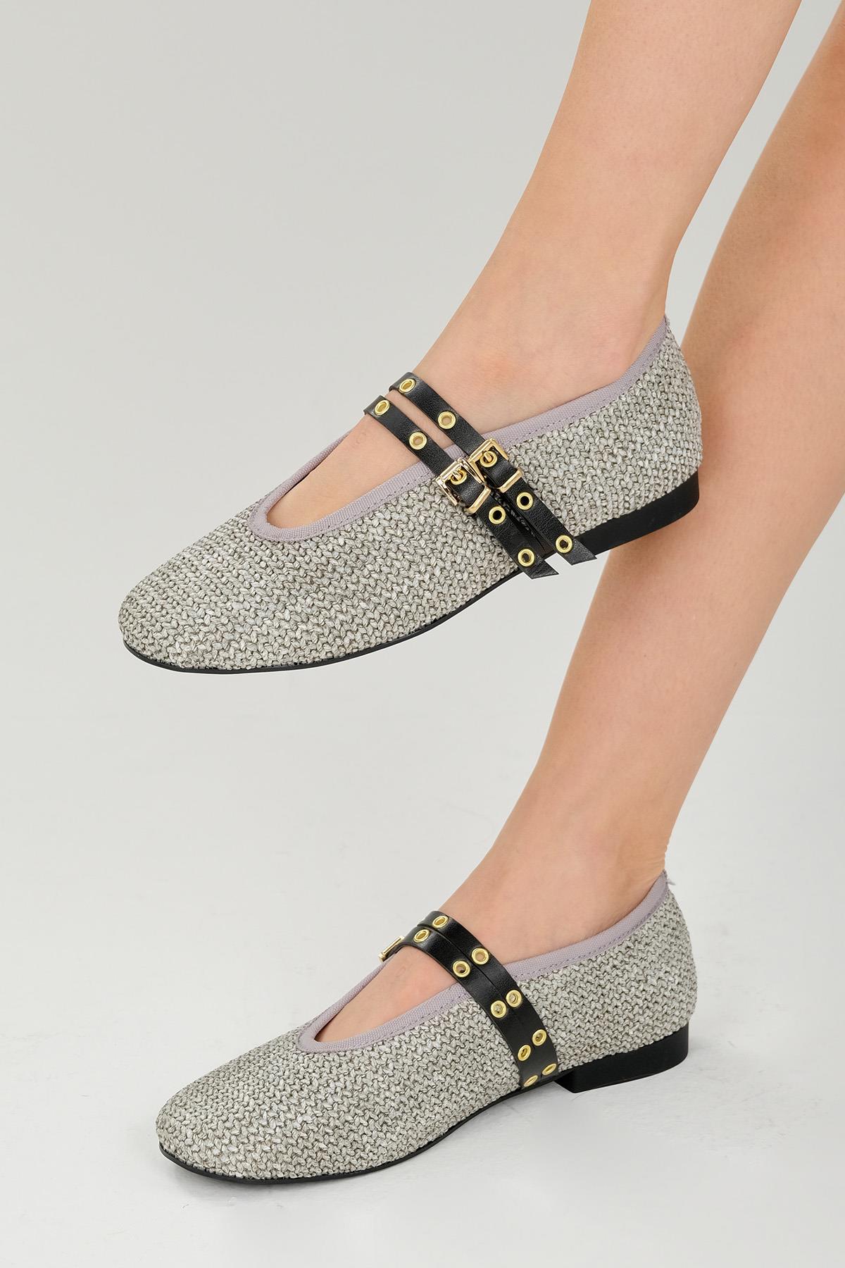 Nolina Hasır Gri Renk Bantlı Babet