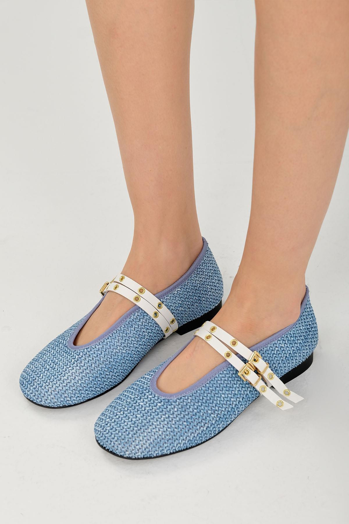 Nolina Hasır Kot Mavi Rengi Bantlı Babet