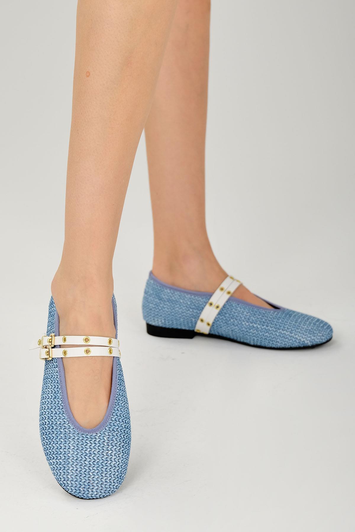 Nolina Hasır Kot Mavi Rengi Bantlı Babet