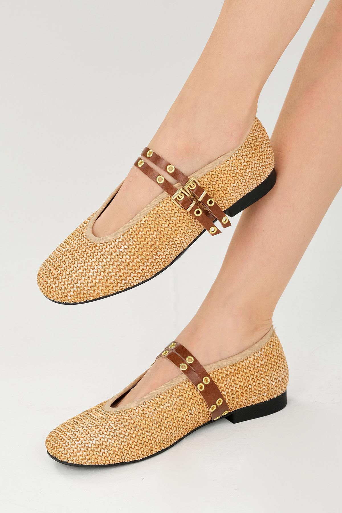 Nolina Hasır Taba Renk Bantlı Babet