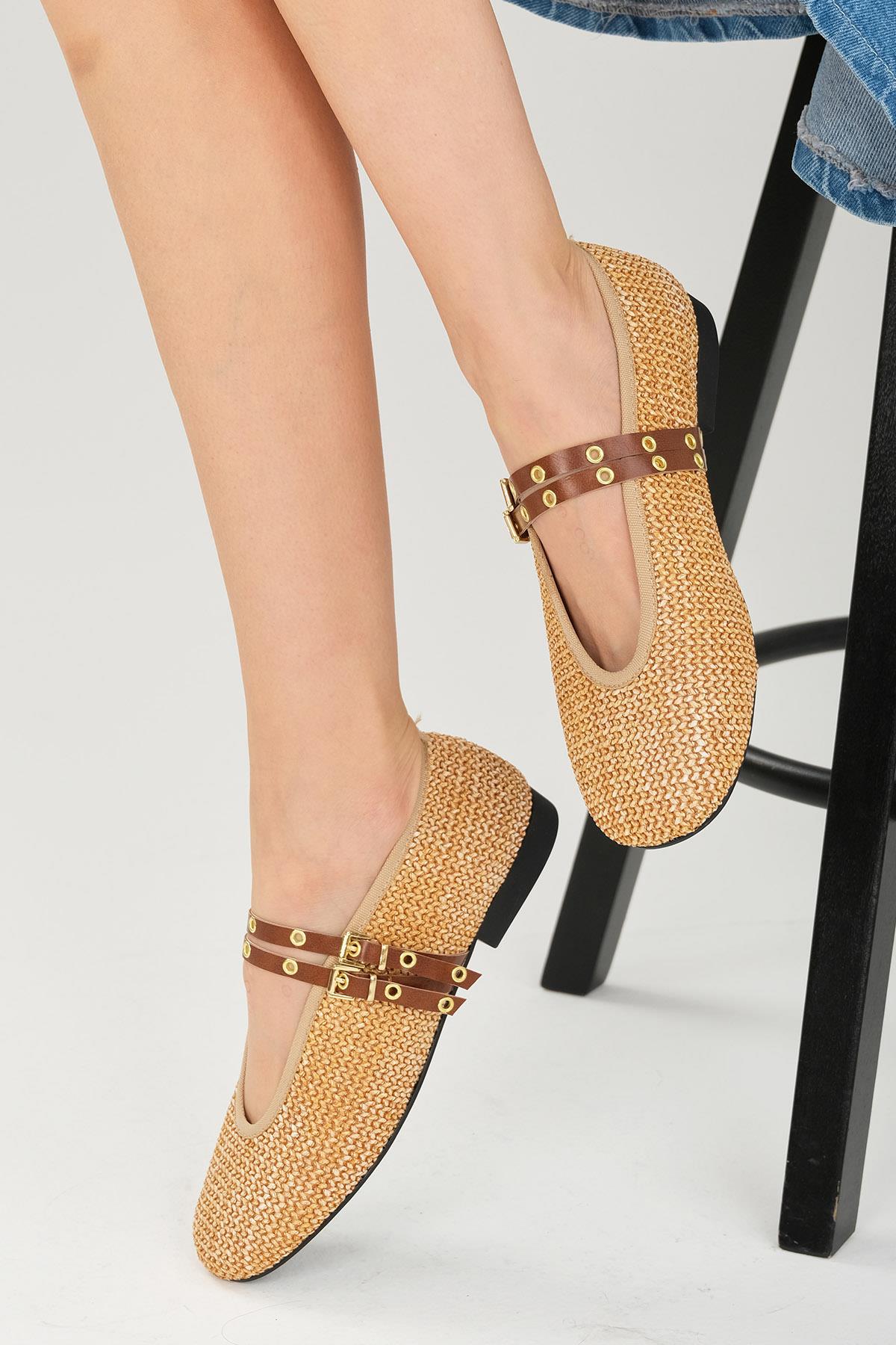 Nolina Hasır Taba Renk Bantlı Babet