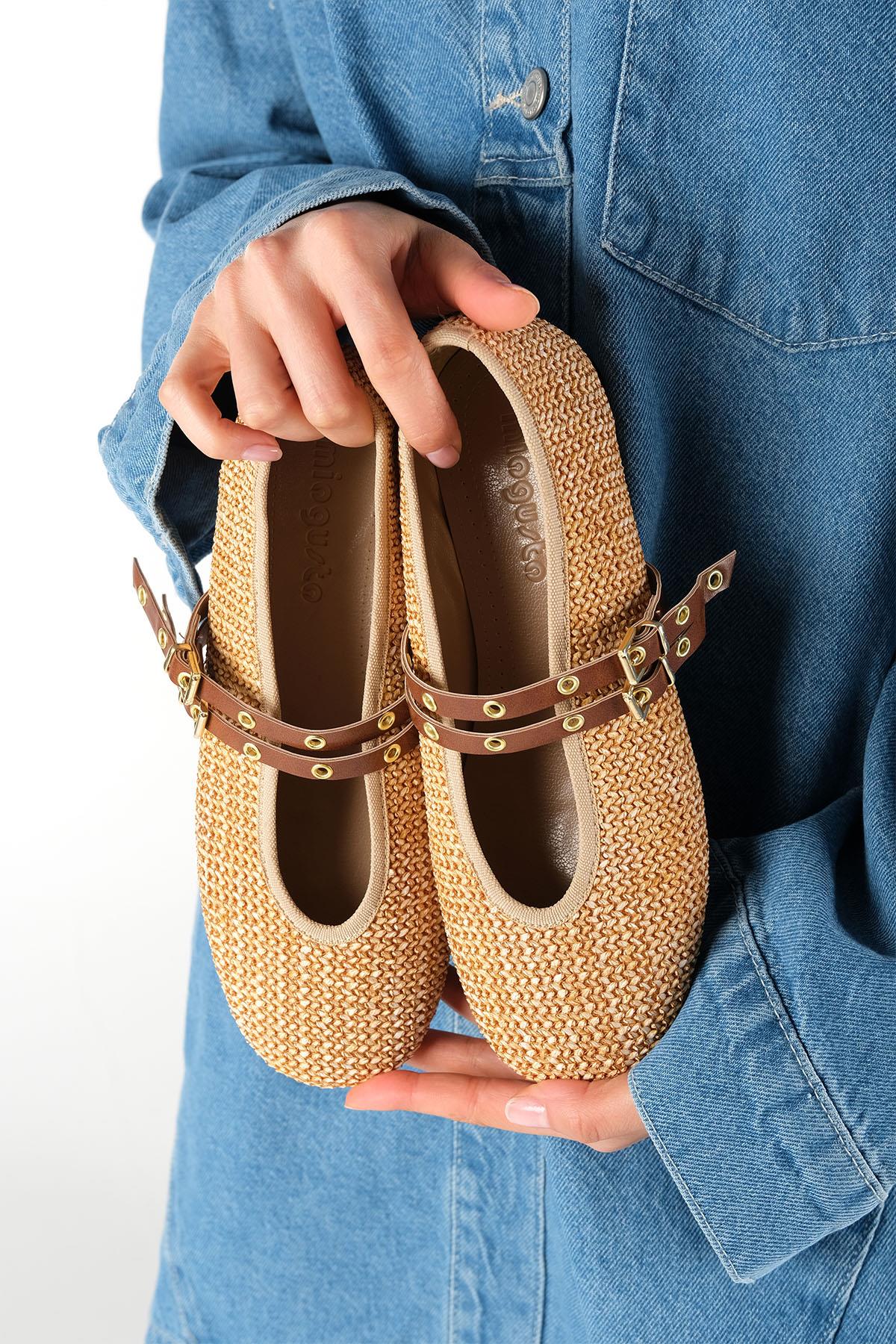 Nolina Hasır Taba Renk Bantlı Babet