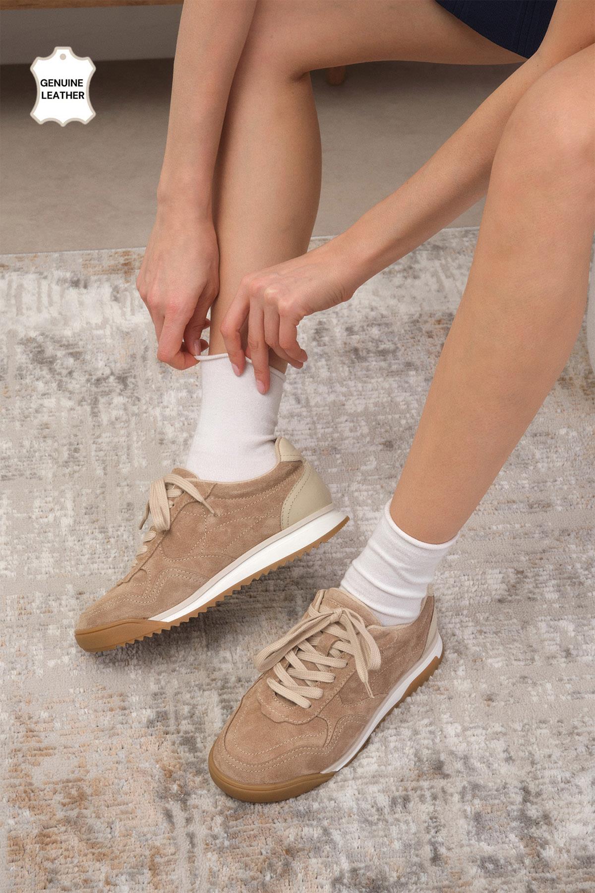 Nova Hakiki Deri Bej Renk Spor Ayakkabı