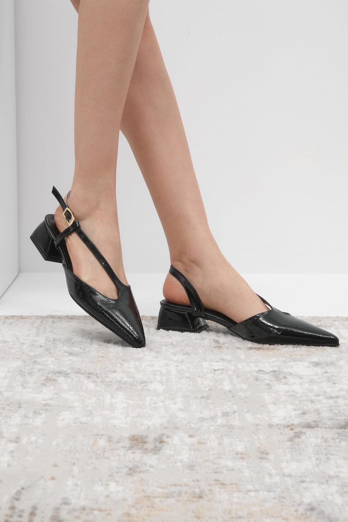 Annie Black Color Patent Leather Short Heels