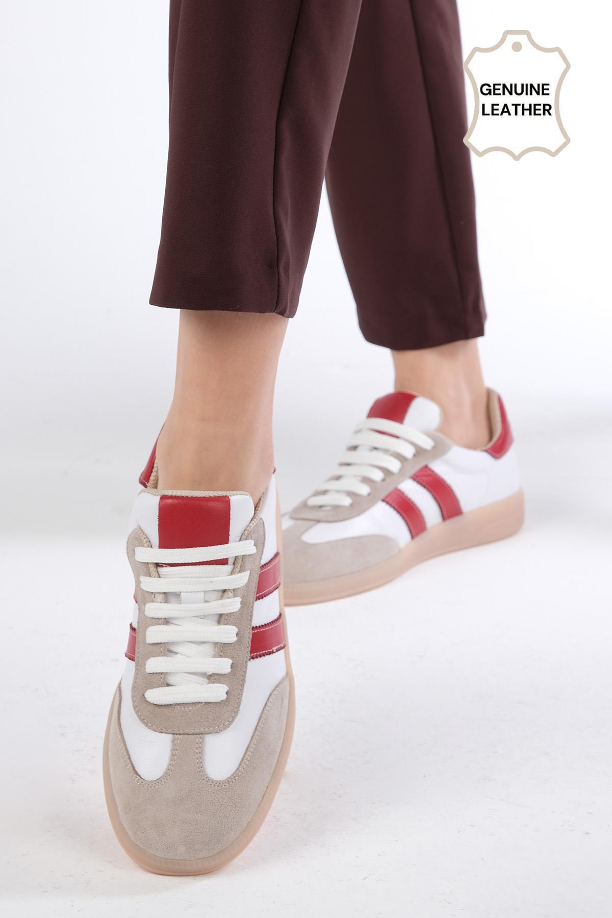 Tindra Hakiki Deri Kırmızı Renk Şeritli Spor Ayakkabı