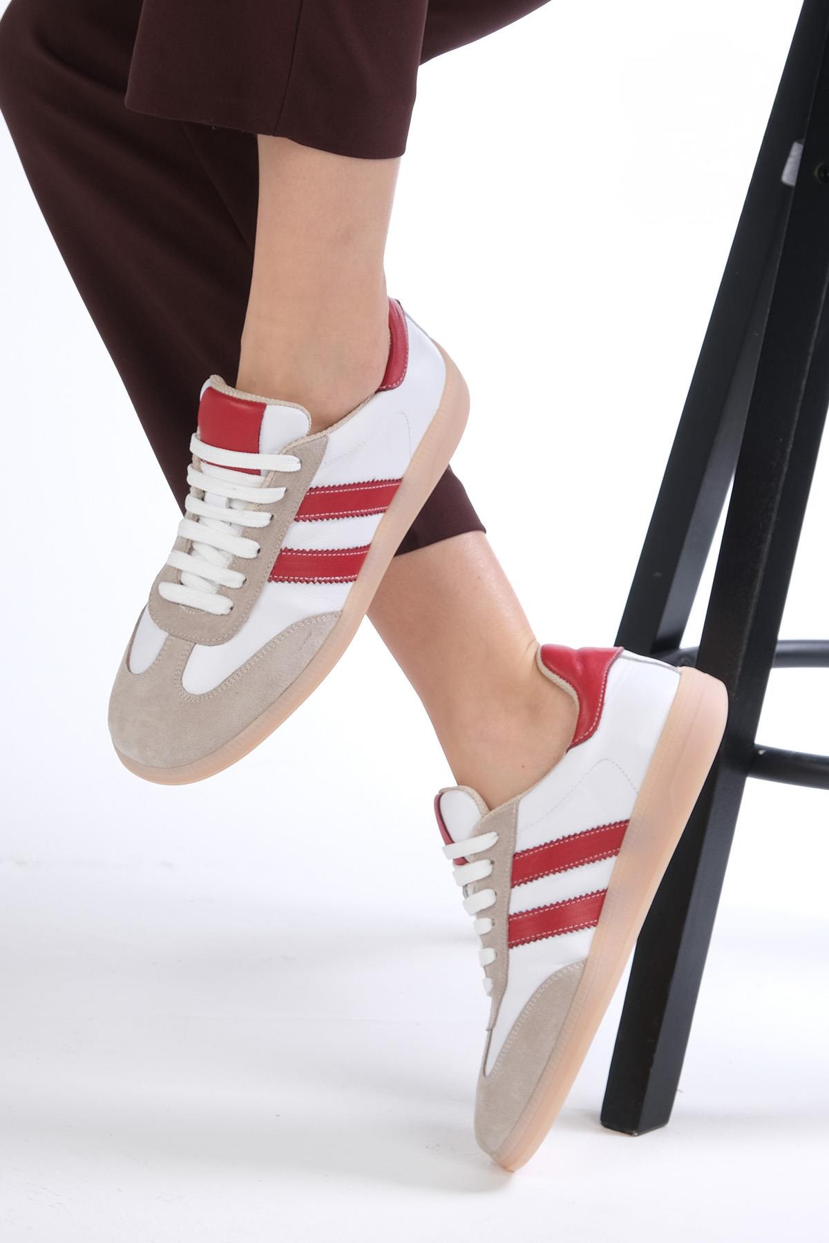 Tindra Hakiki Deri Kırmızı Renk Şeritli Spor Ayakkabı