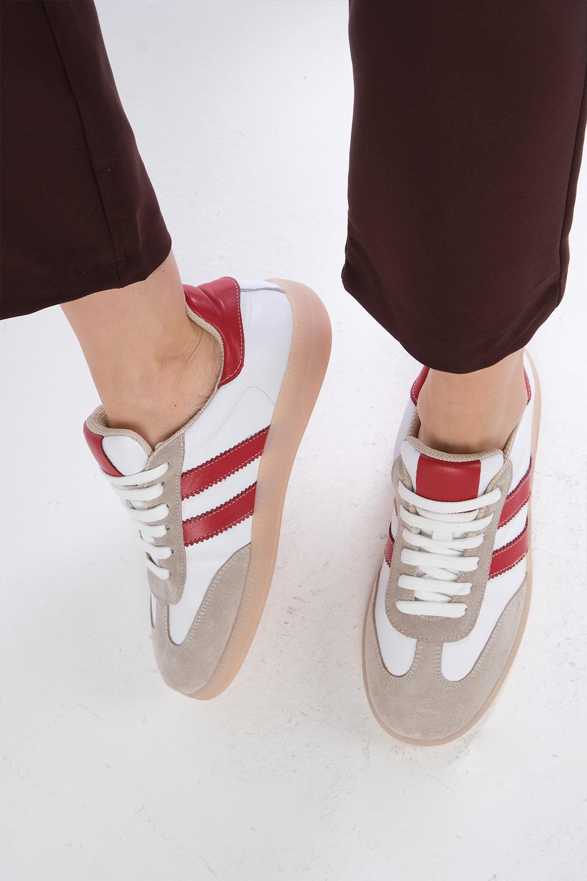 Tindra Hakiki Deri Kırmızı Renk Şeritli Spor Ayakkabı