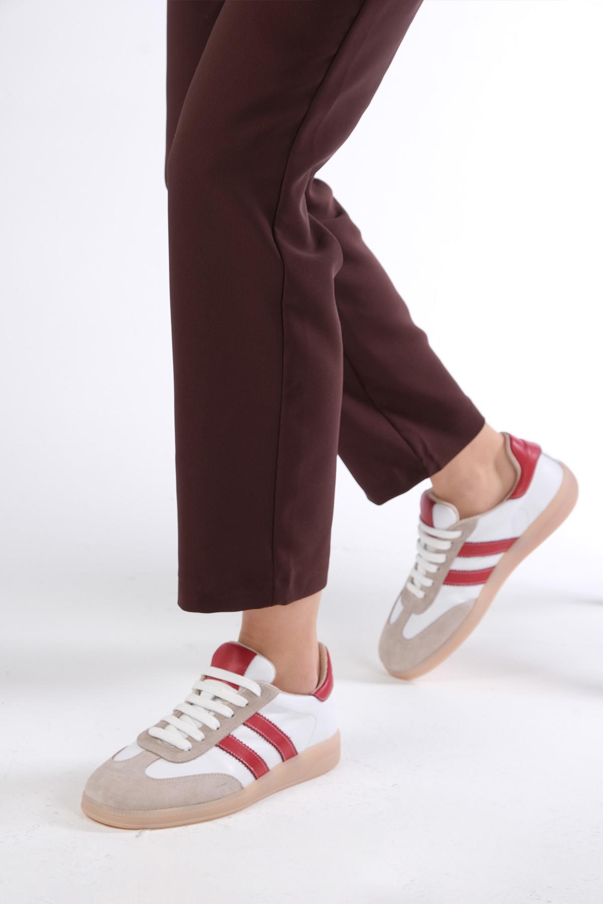 Tindra Hakiki Deri Kırmızı Renk Şeritli Spor Ayakkabı