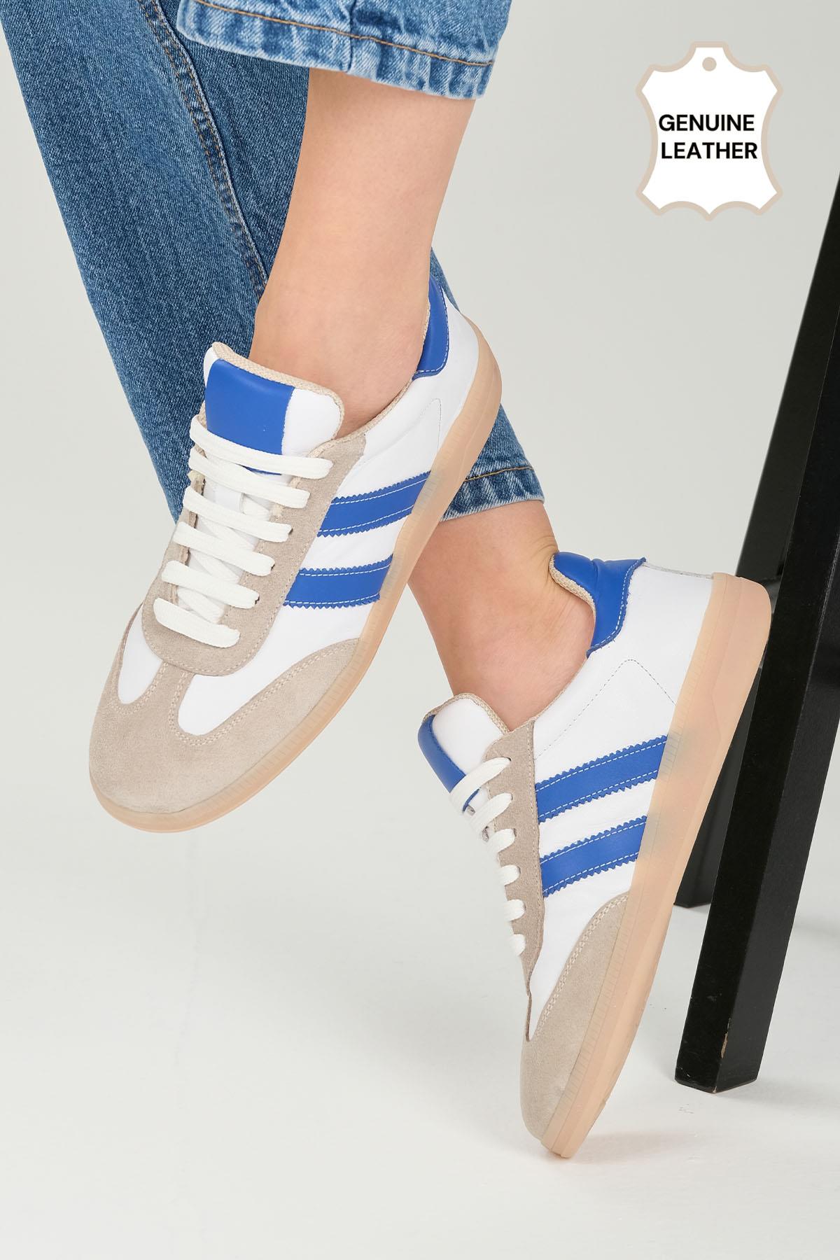 Tindra Hakiki Deri Saks Mavi Şeritli Spor Ayakkabı