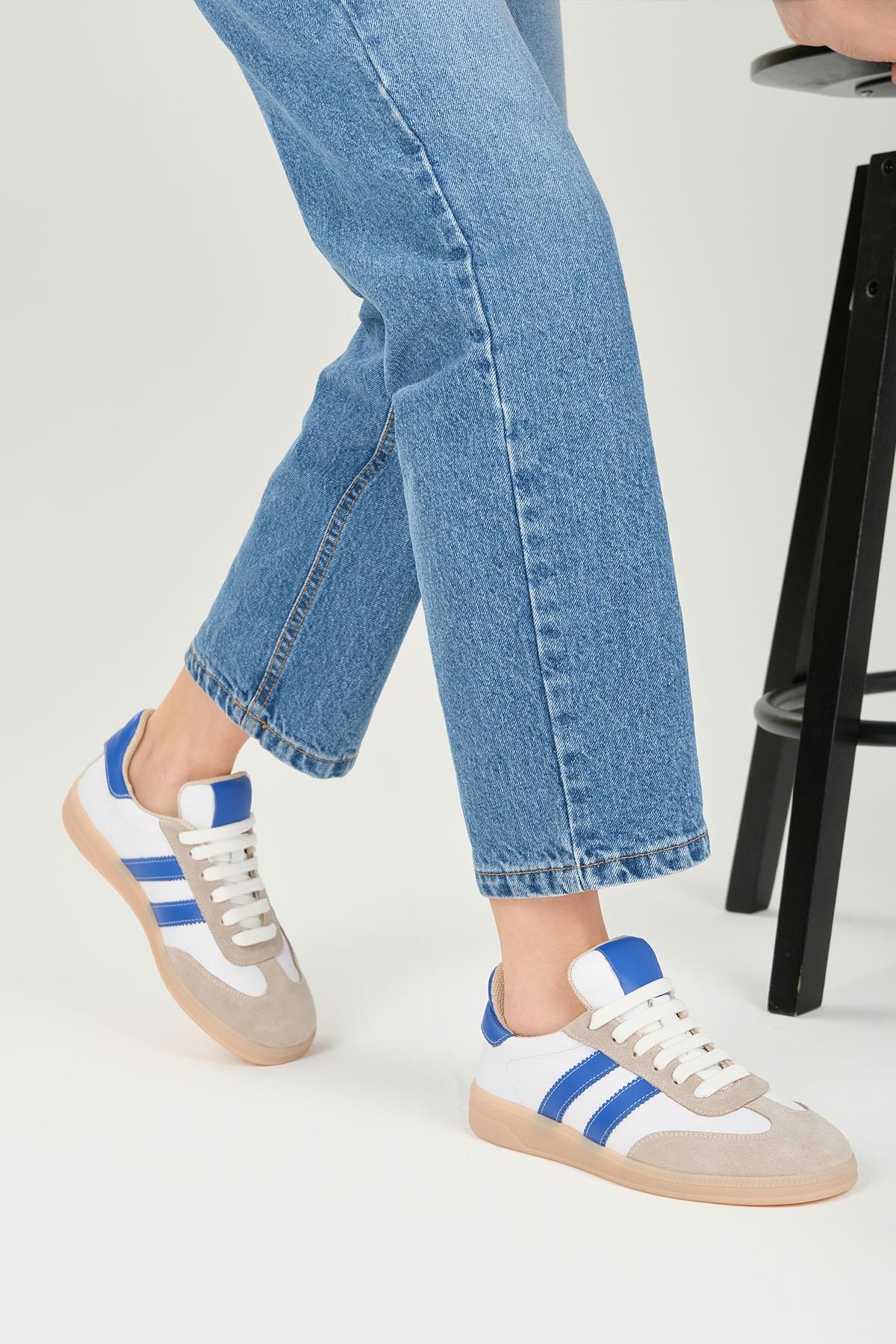 Tindra Hakiki Deri Saks Mavi Şeritli Spor Ayakkabı