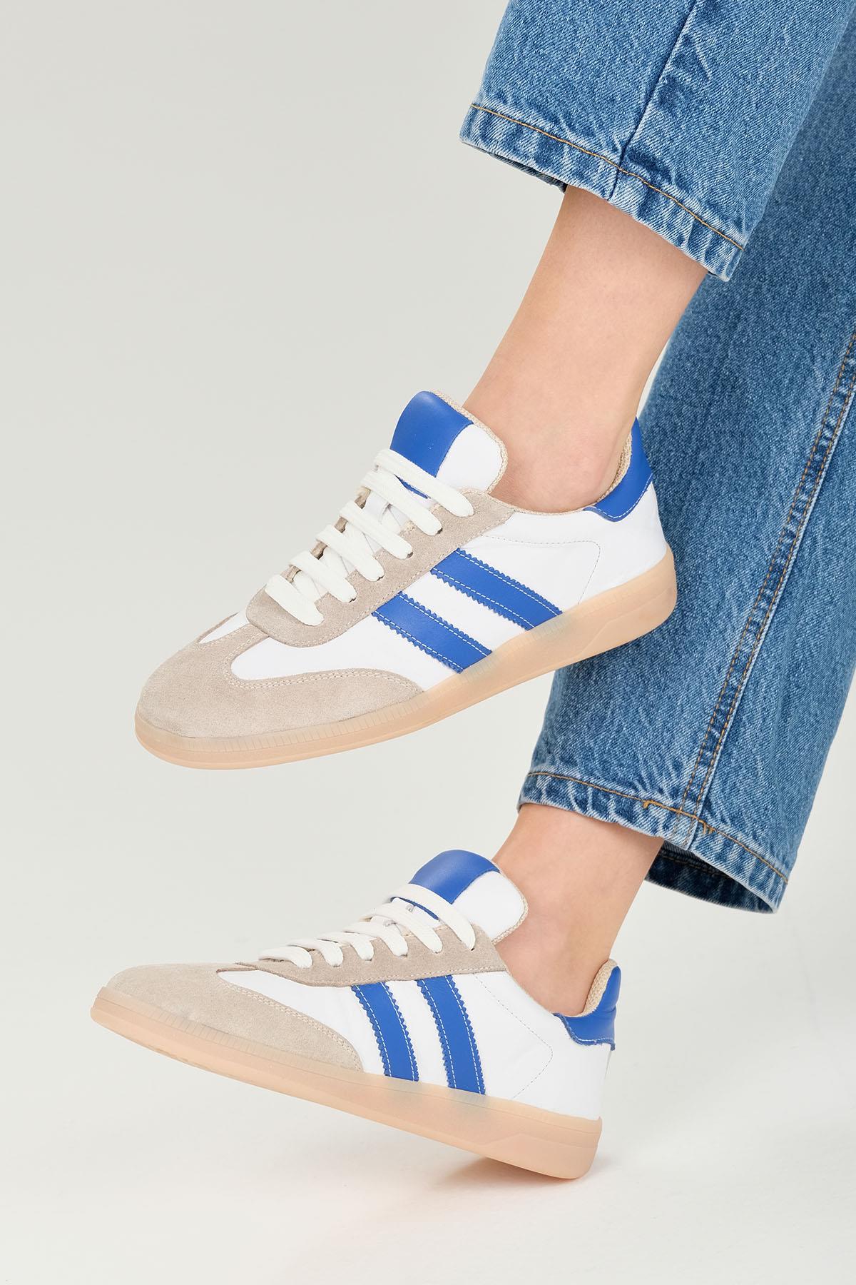 Tindra Hakiki Deri Saks Mavi Şeritli Spor Ayakkabı