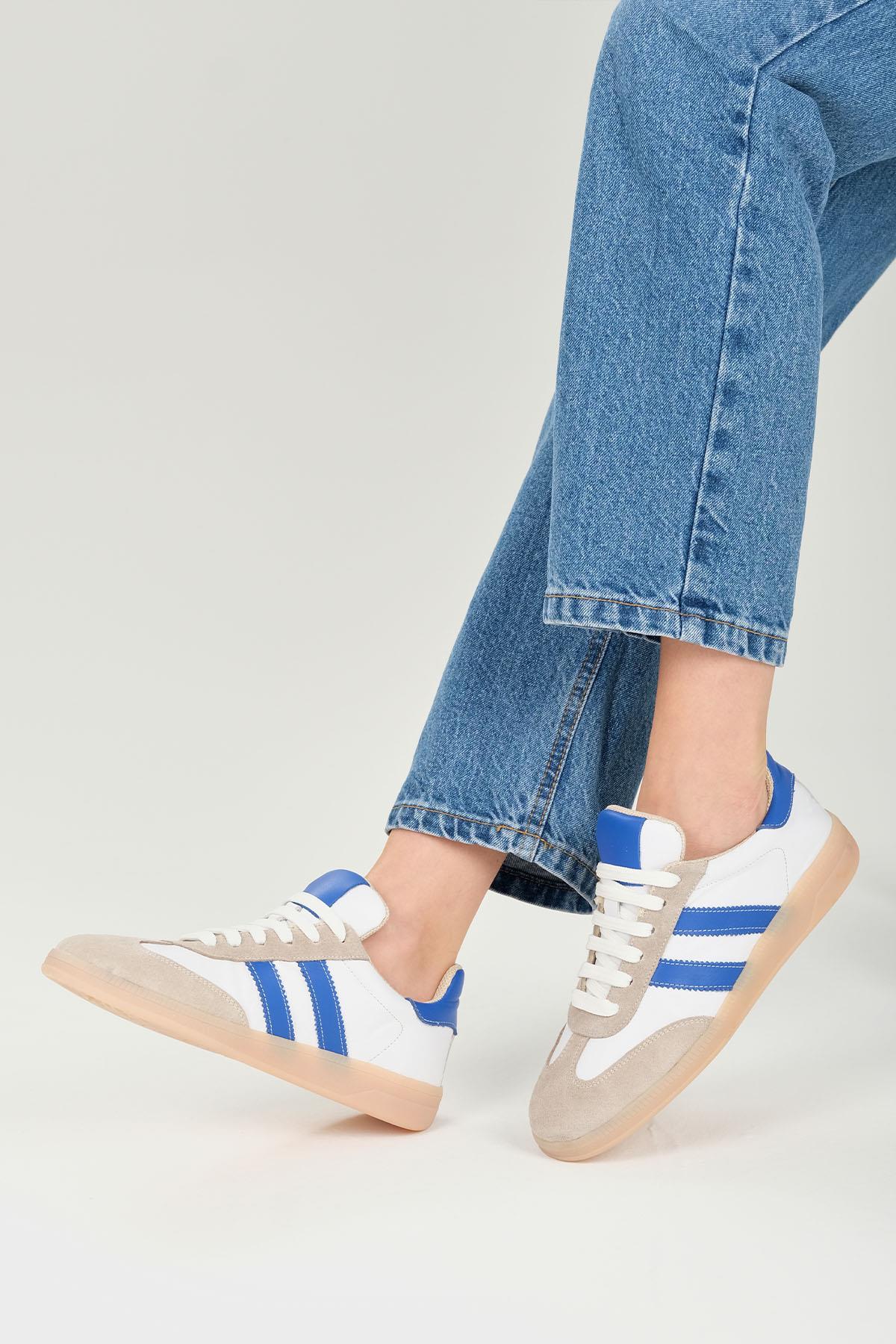 Tindra Hakiki Deri Saks Mavi Şeritli Spor Ayakkabı