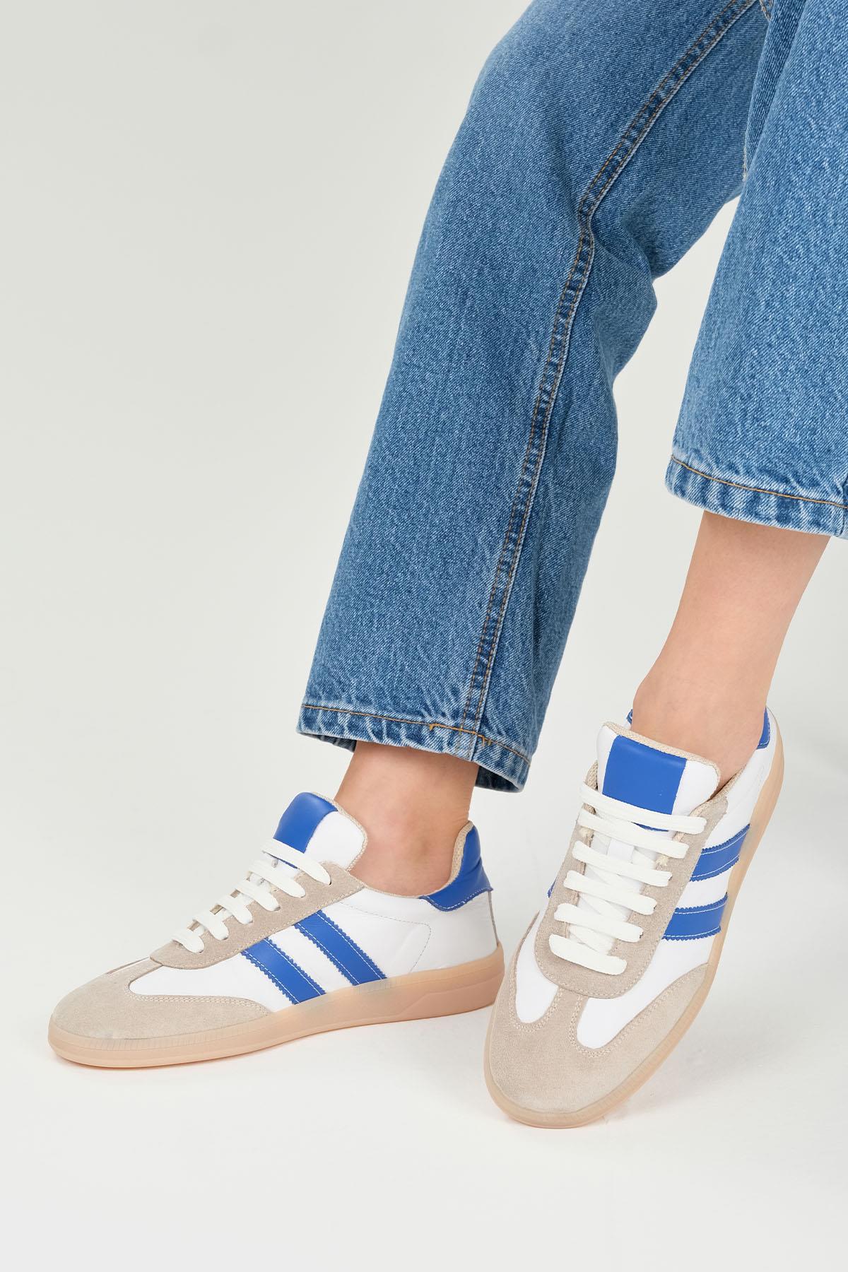 Tindra Hakiki Deri Saks Mavi Şeritli Spor Ayakkabı