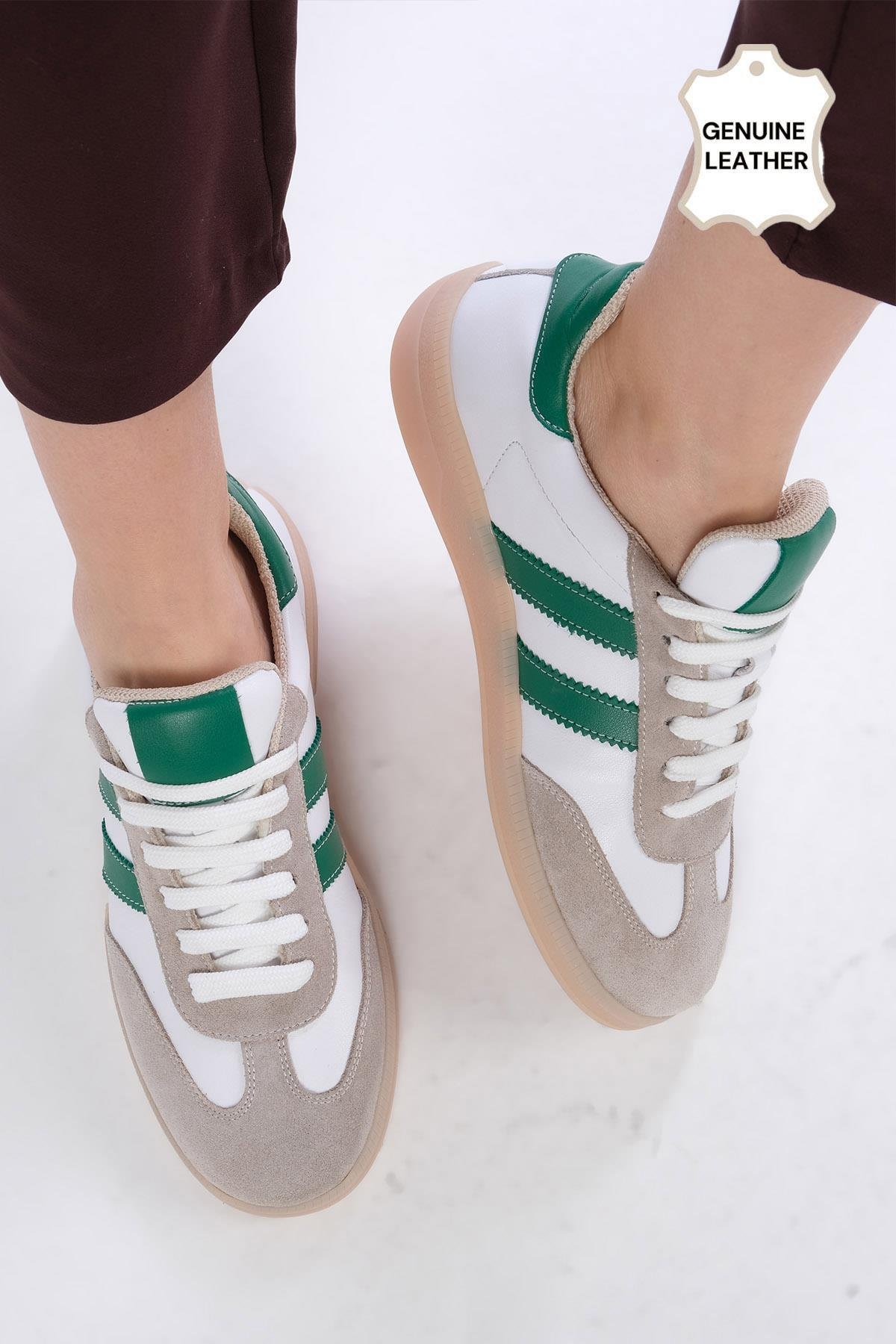 Tindra Hakiki Deri Yeşil Renk Şeritli Spor Ayakkabı