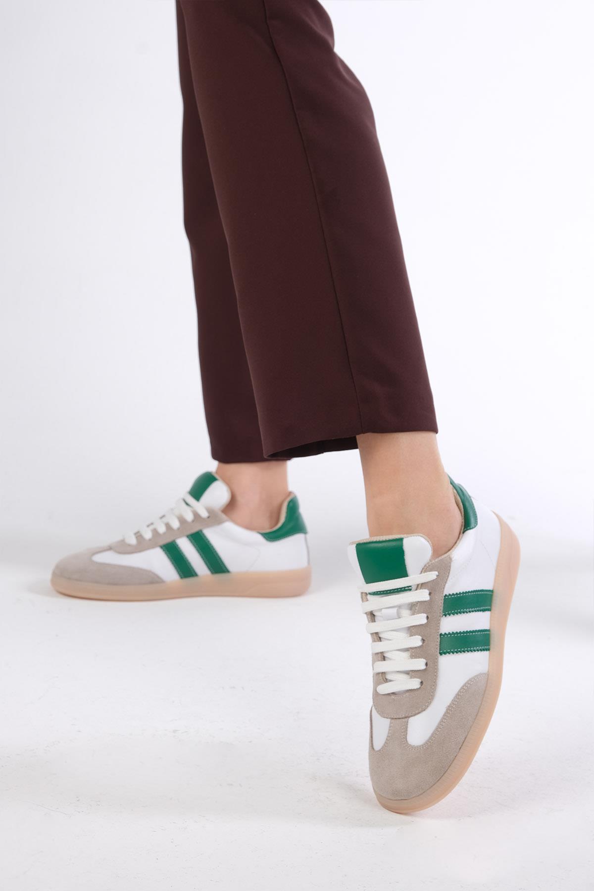 Tindra Hakiki Deri Yeşil Renk Şeritli Spor Ayakkabı