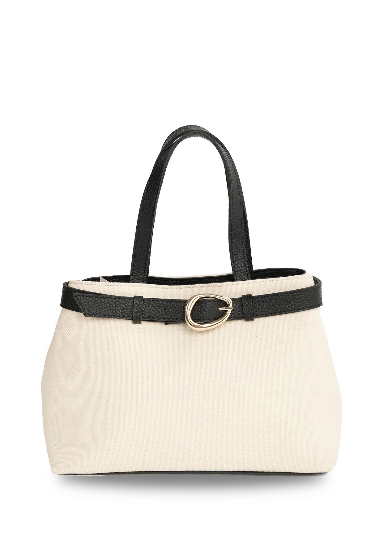 Toka Detaylı Krem Kumaş Siyah Renk Saplı El Ve Omuz Çantası