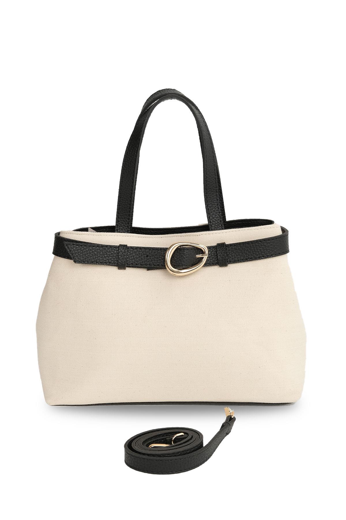 Toka Detaylı Krem Kumaş Siyah Renk Saplı El Ve Omuz Çantası