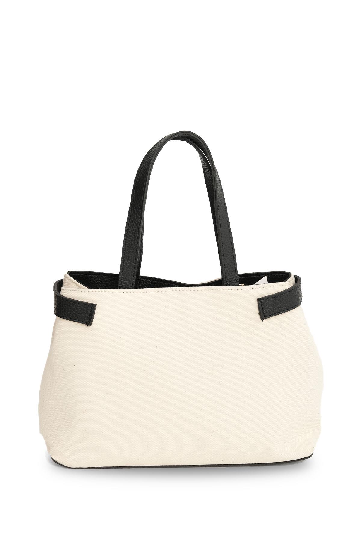 Toka Detaylı Krem Kumaş Siyah Renk Saplı El Ve Omuz Çantası