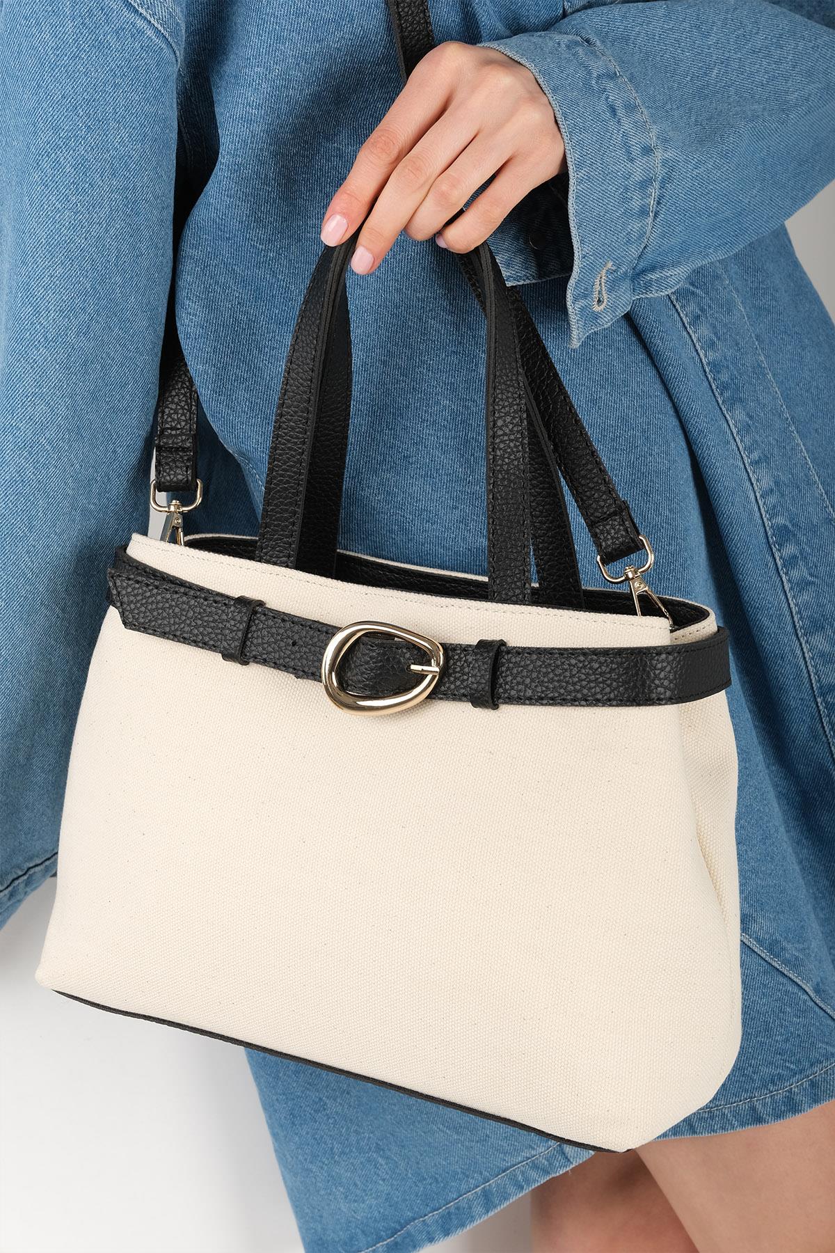 Toka Detaylı Krem Kumaş Siyah Renk Saplı El Ve Omuz Çantası