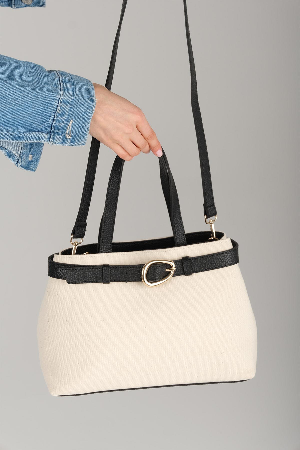 Toka Detaylı Krem Kumaş Siyah Renk Saplı El Ve Omuz Çantası