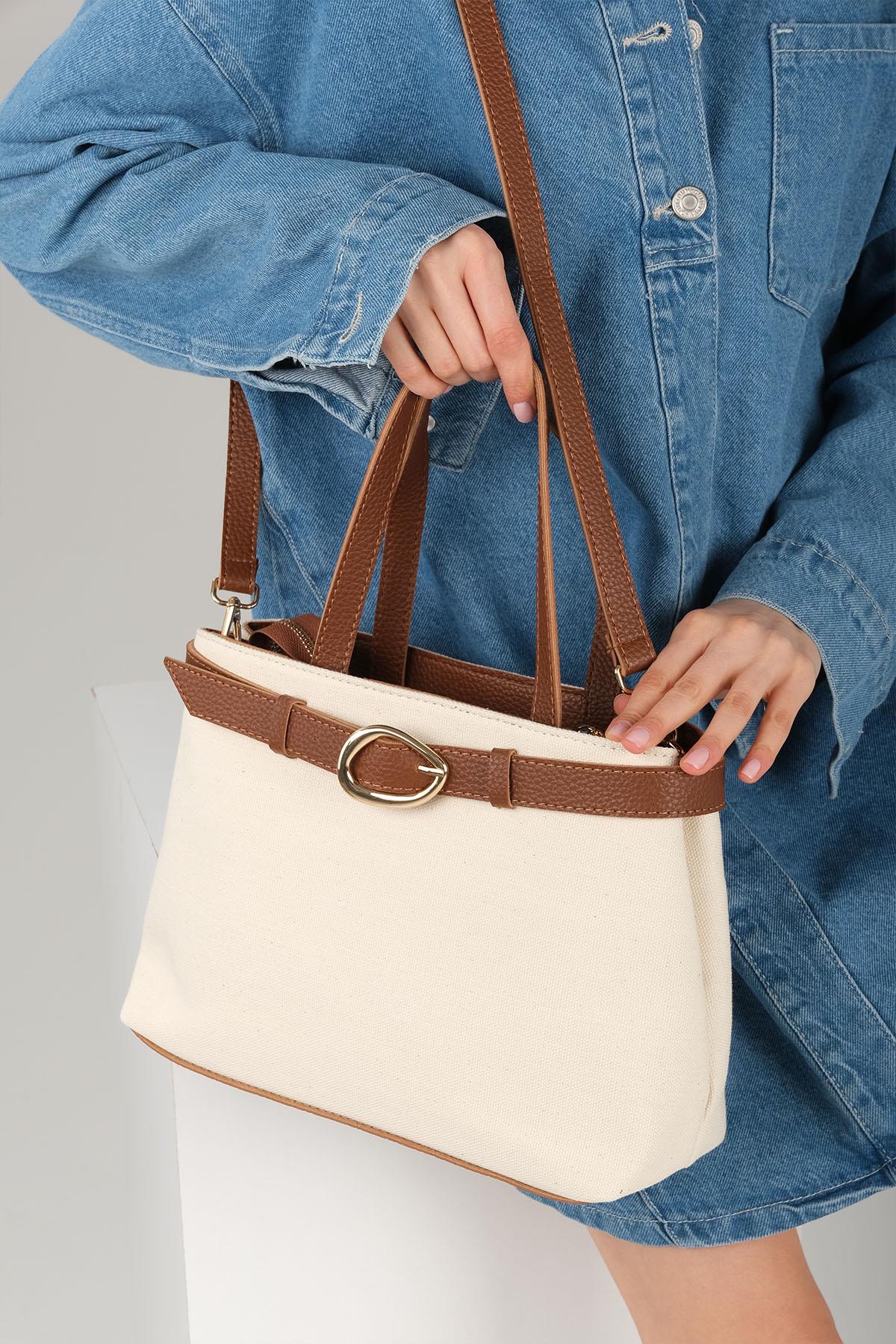 Toka Detaylı Krem Kumaş Taba Renk Saplı El Ve Omuz Çantası