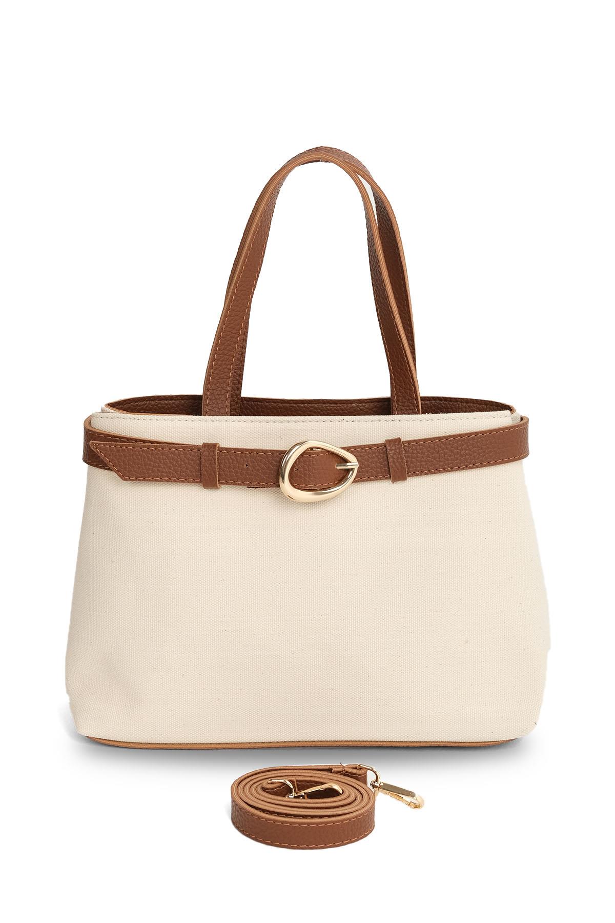 Toka Detaylı Krem Kumaş Taba Renk Saplı El Ve Omuz Çantası