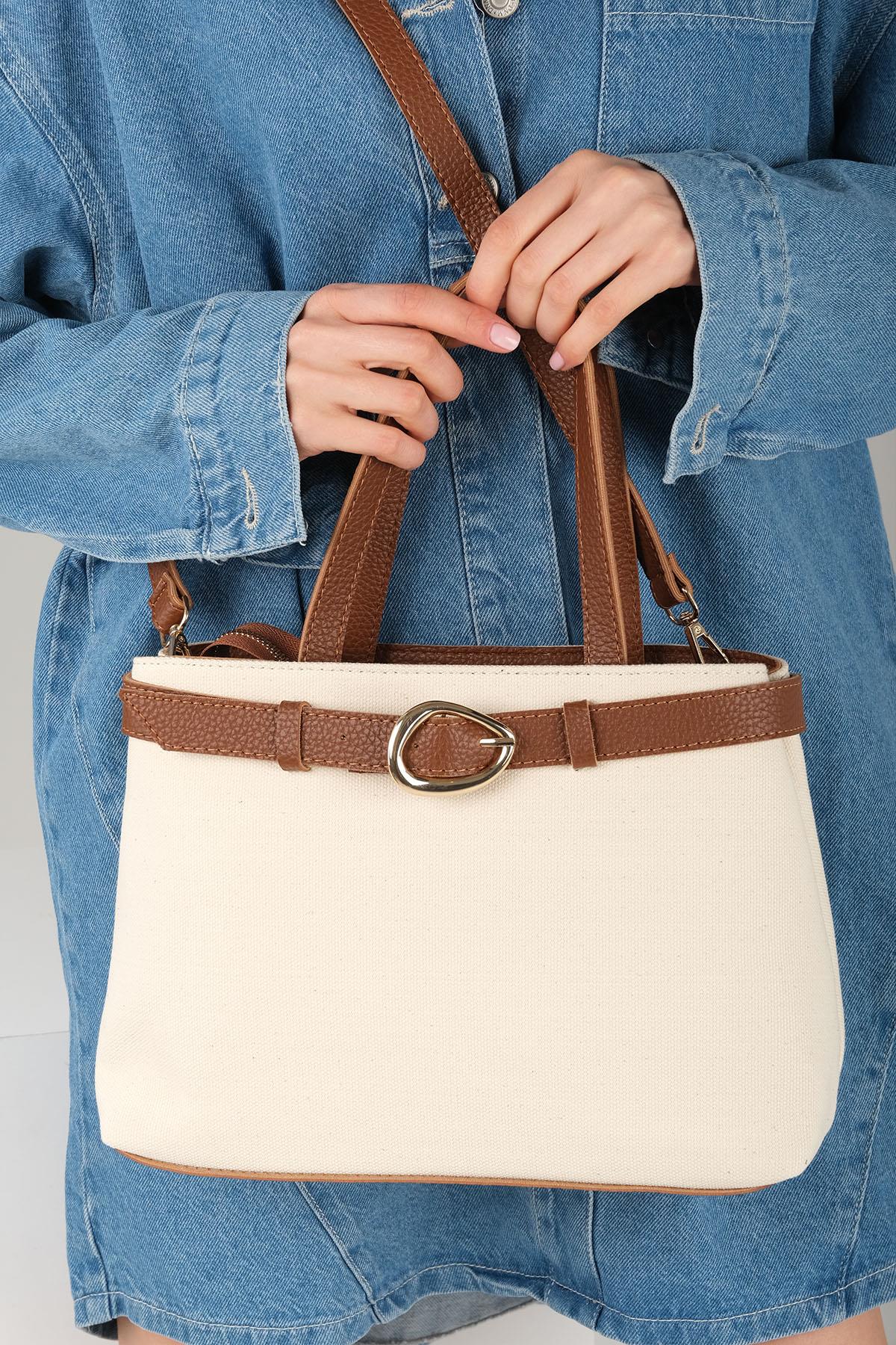 Toka Detaylı Krem Kumaş Taba Renk Saplı El Ve Omuz Çantası