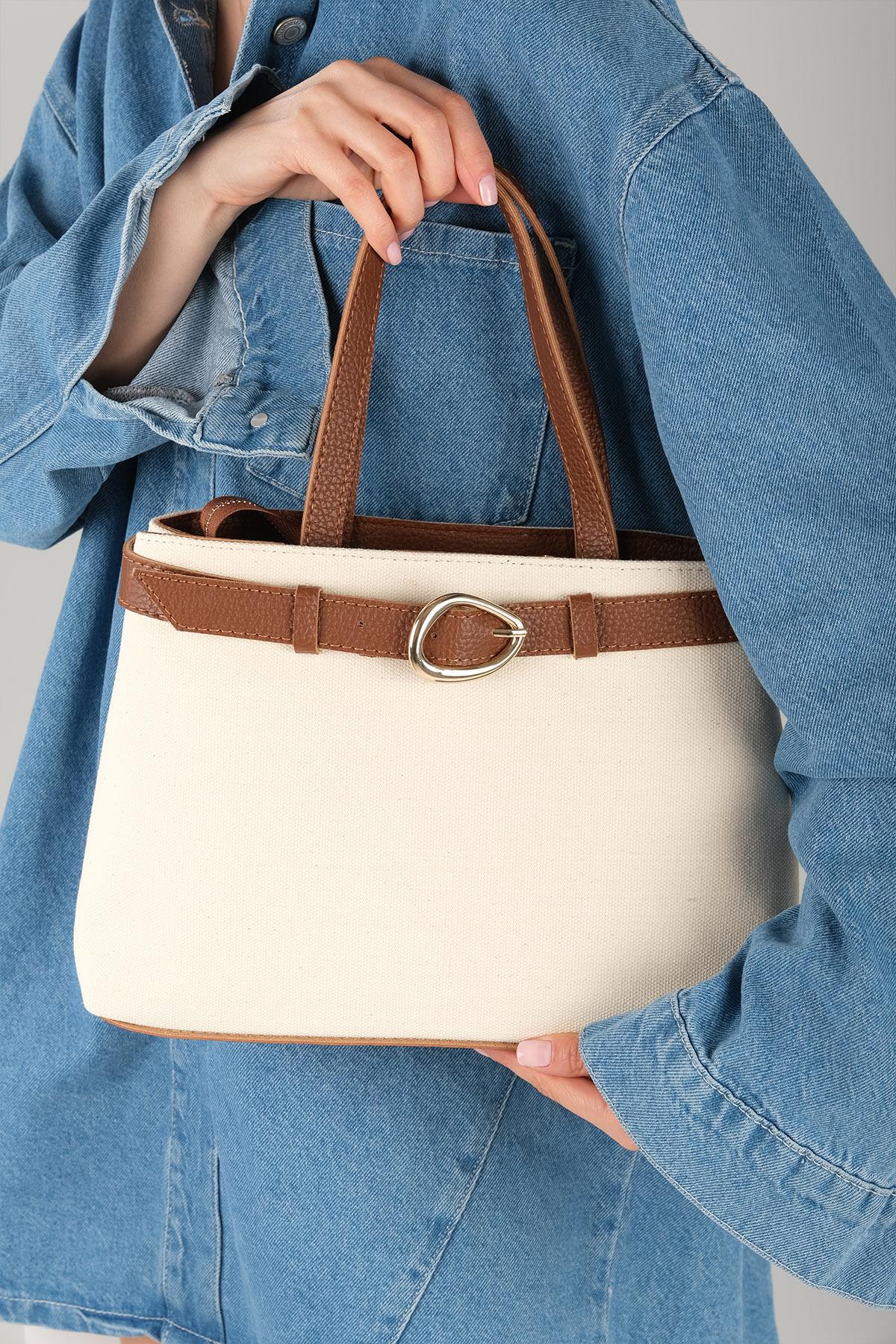 Toka Detaylı Krem Kumaş Taba Renk Saplı El Ve Omuz Çantası