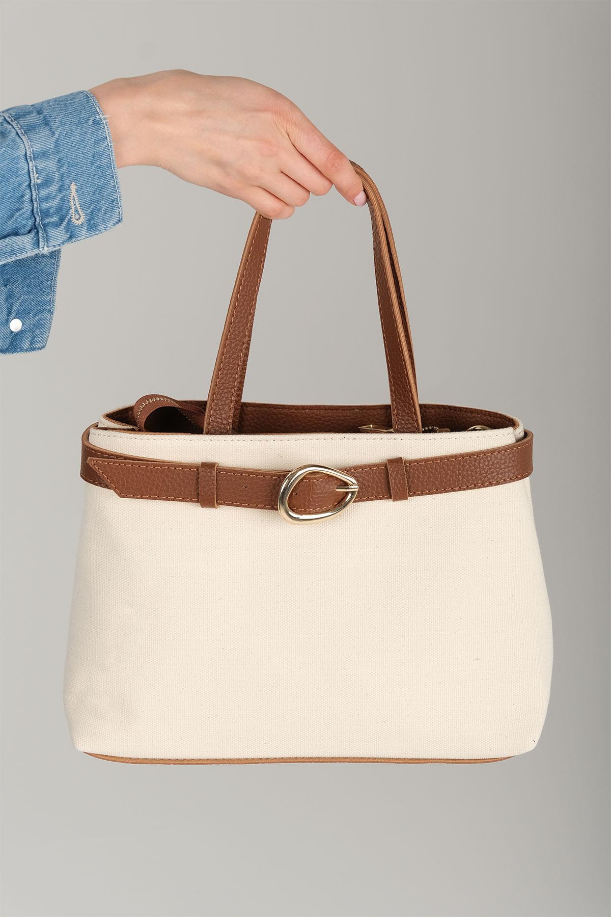 Toka Detaylı Krem Kumaş Taba Renk Saplı El Ve Omuz Çantası