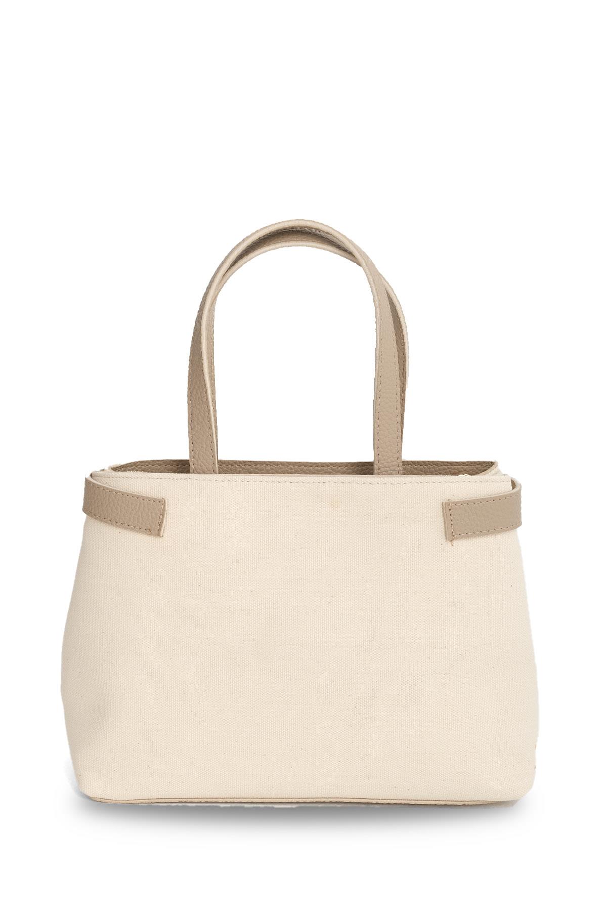 Toka Detaylı Krem Kumaş Vizon Renk Saplı El Ve Omuz Çantası