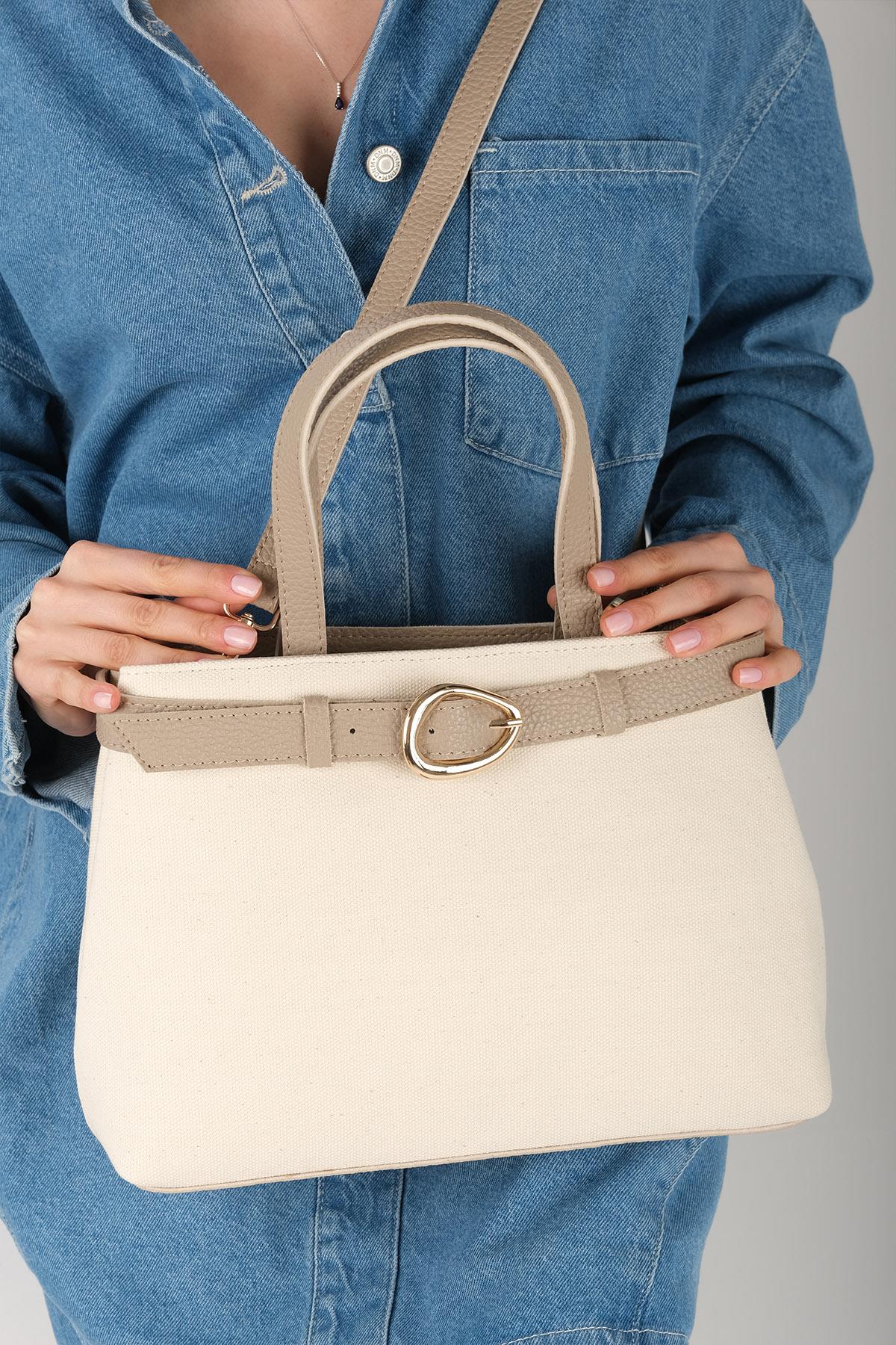 Toka Detaylı Krem Kumaş Vizon Renk Saplı El Ve Omuz Çantası