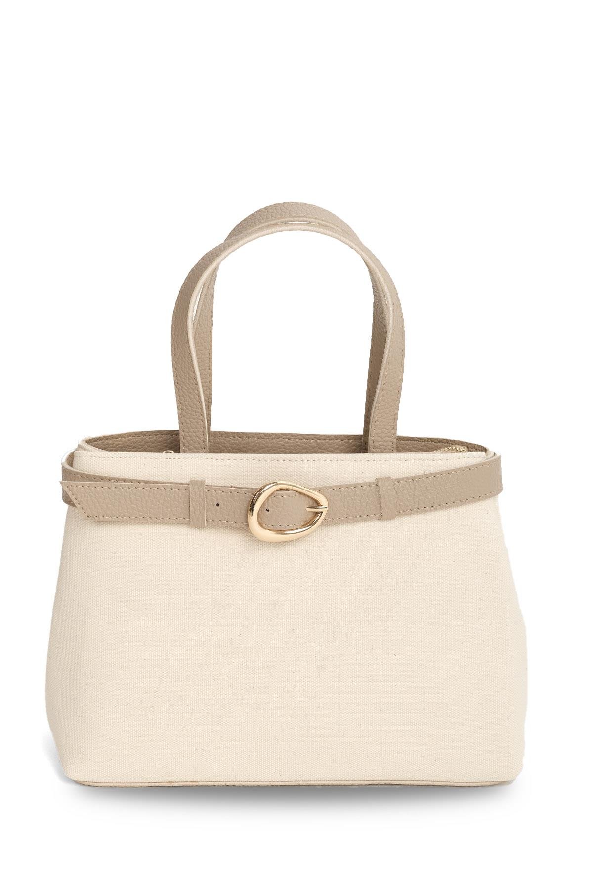 Toka Detaylı Krem Kumaş Vizon Renk Saplı El Ve Omuz Çantası