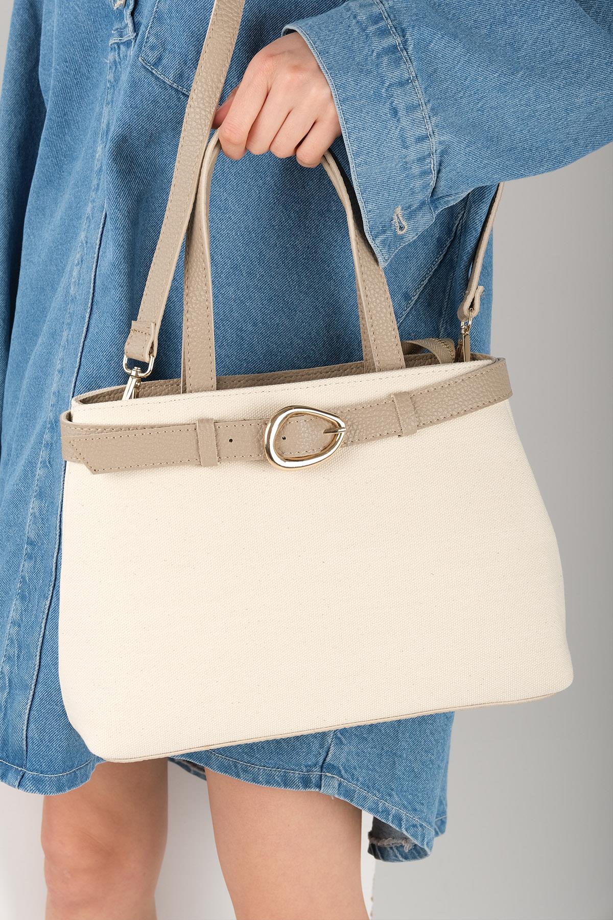 Toka Detaylı Krem Kumaş Vizon Renk Saplı El Ve Omuz Çantası