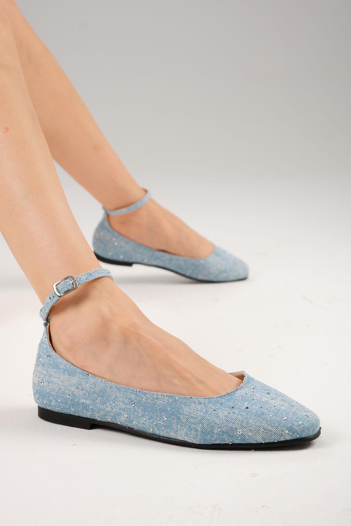 Wilma Mavi Renk Taşlı Denim Babet