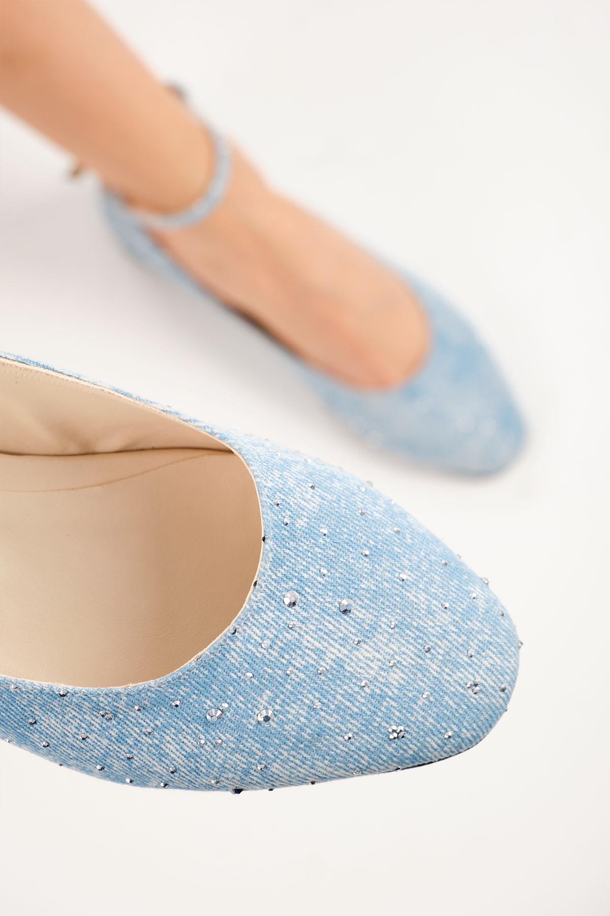 Wilma Mavi Renk Taşlı Denim Babet