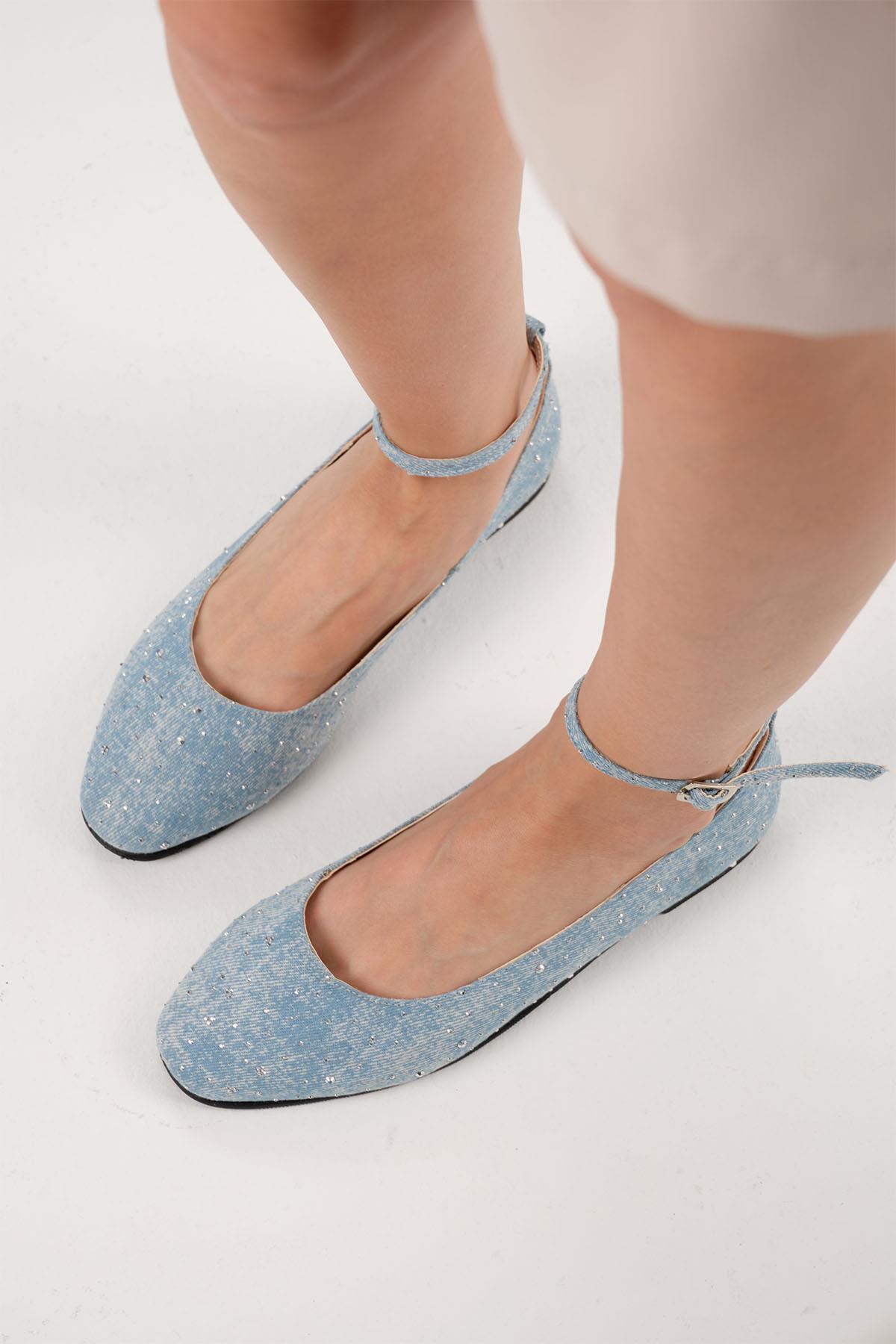 Wilma Mavi Renk Taşlı Denim Babet