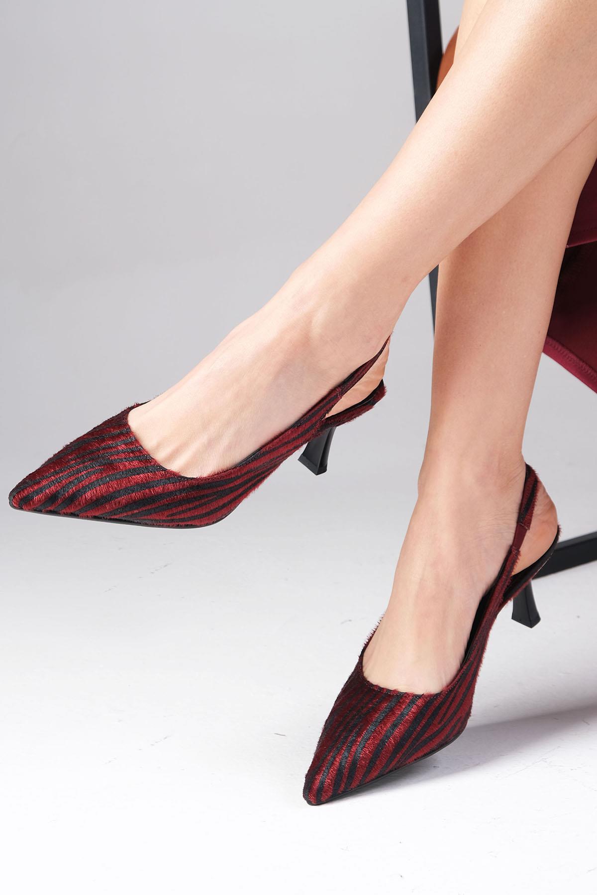 Winola Bordo Zebra Desenli Topuklu Ayakkabı