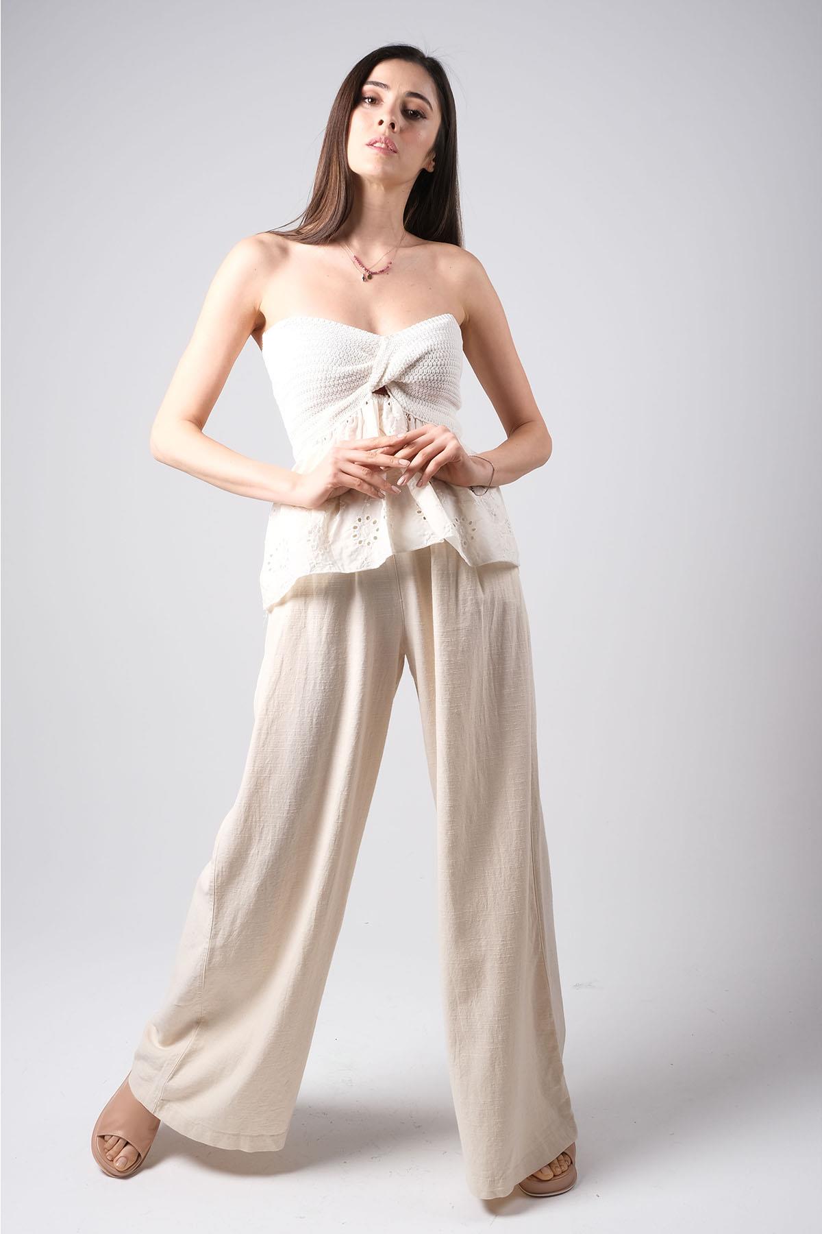 MIOROPA Bej Renk Beli Lastikli Bol Paça Pantolon