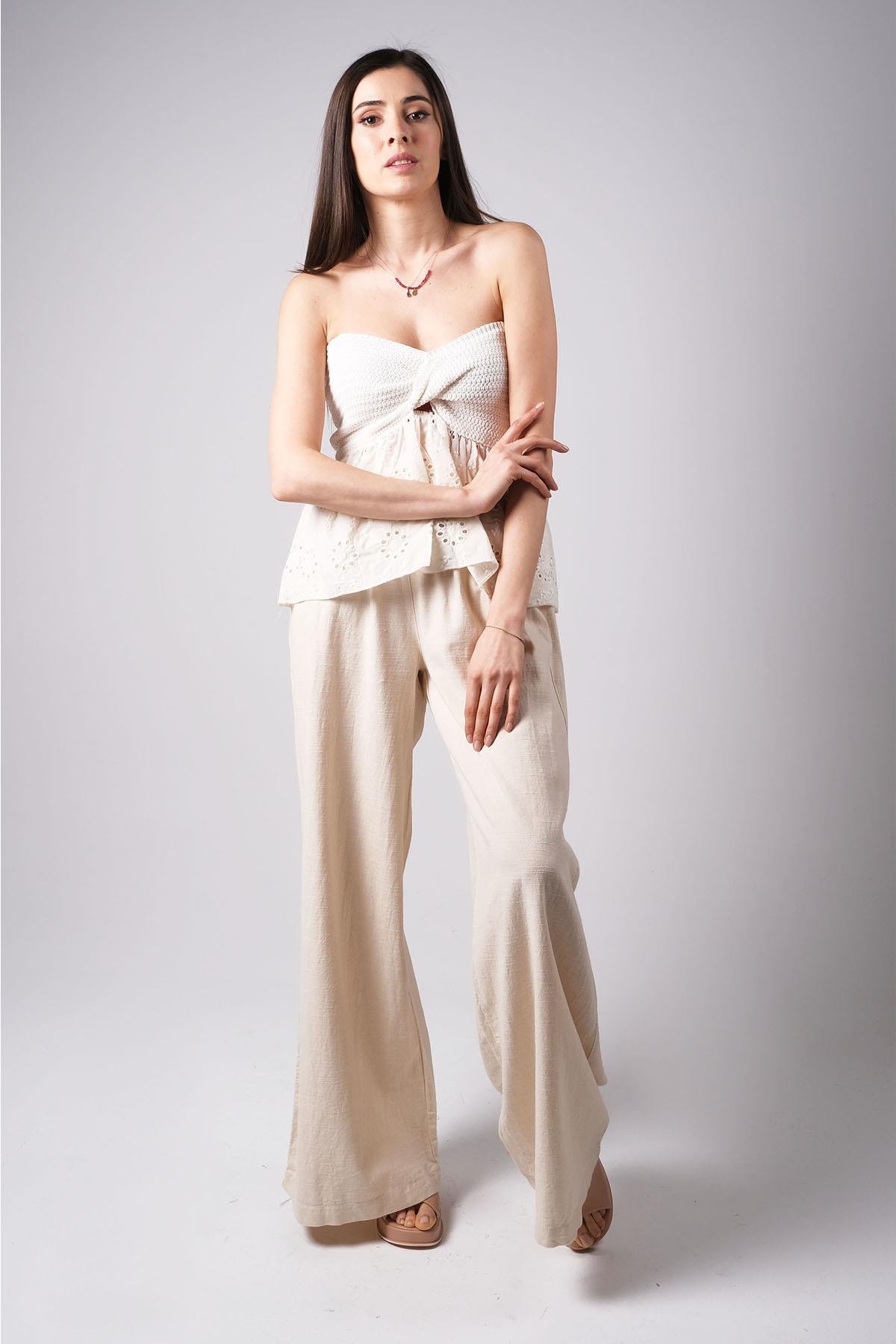 MIOROPA Bej Renk Beli Lastikli Bol Paça Pantolon