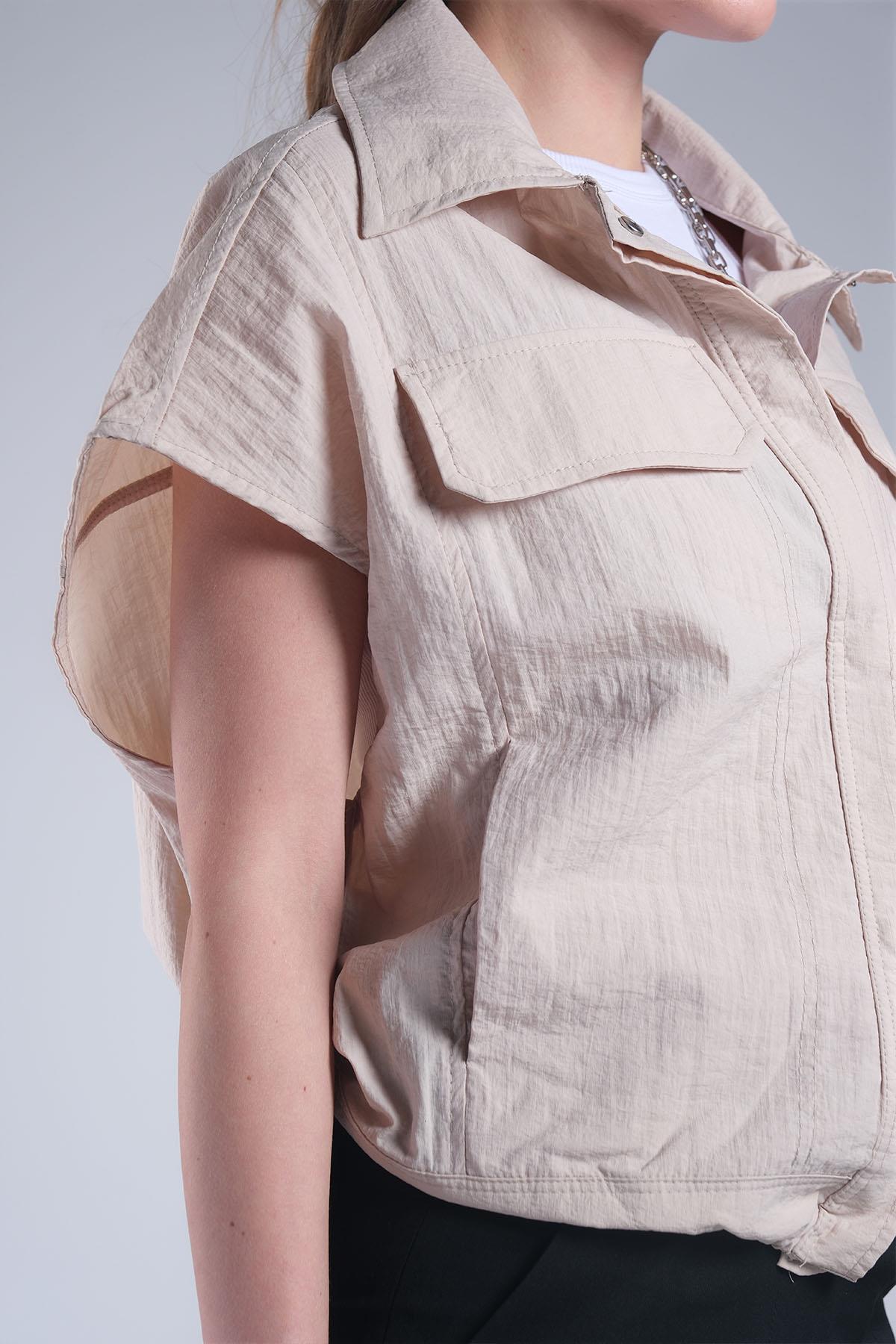 MIOROPA Bej Renk Cep Detaylı Kumaş Paraşüt Yelek