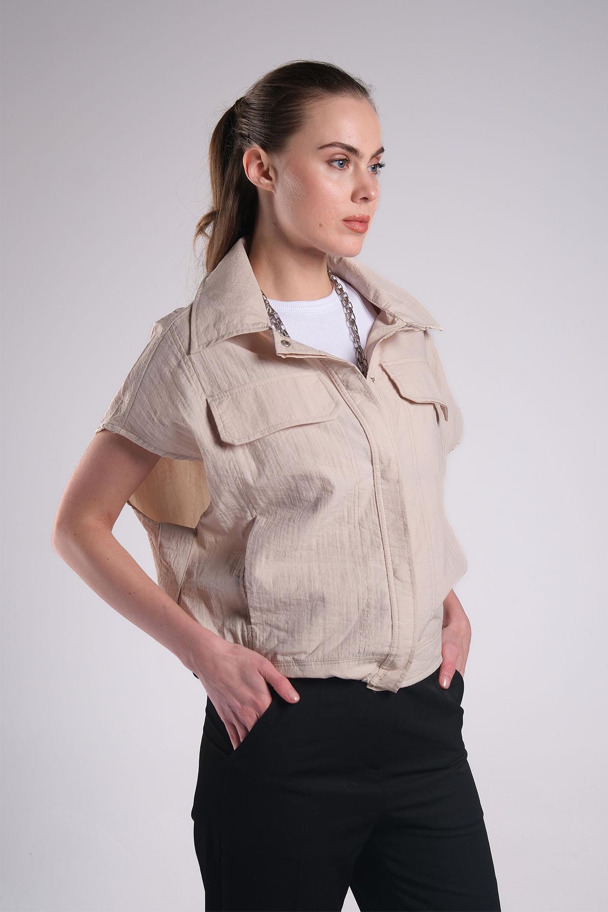 MIOROPA Bej Renk Cep Detaylı Kumaş Paraşüt Yelek