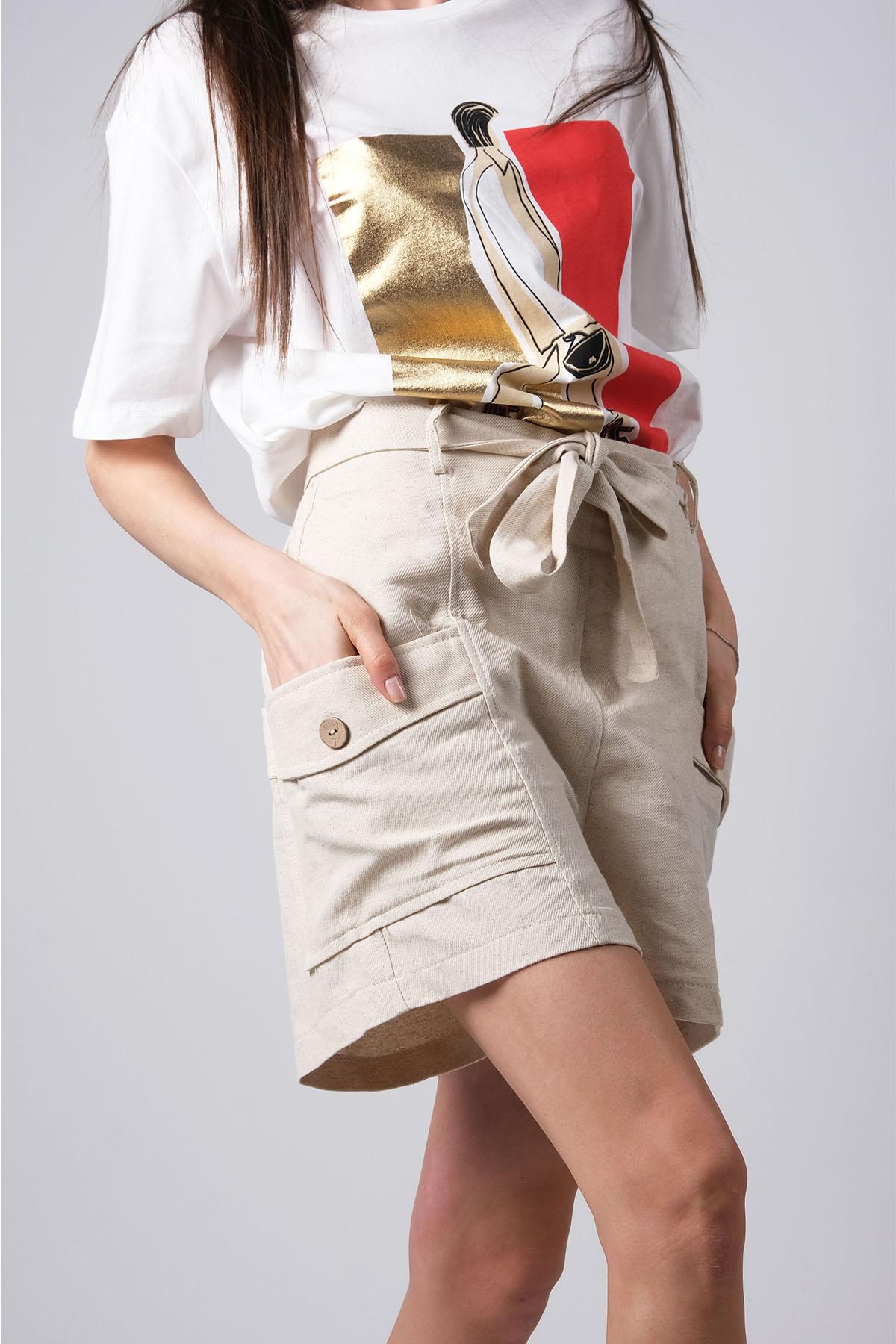 MIOROPA Bej Renk Yanları Cepli Keten Şort