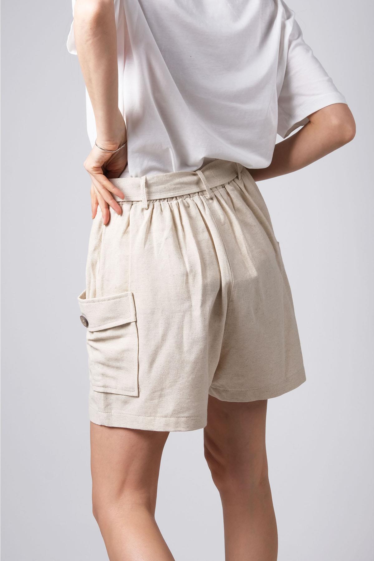 MIOROPA Bej Renk Yanları Cepli Keten Şort