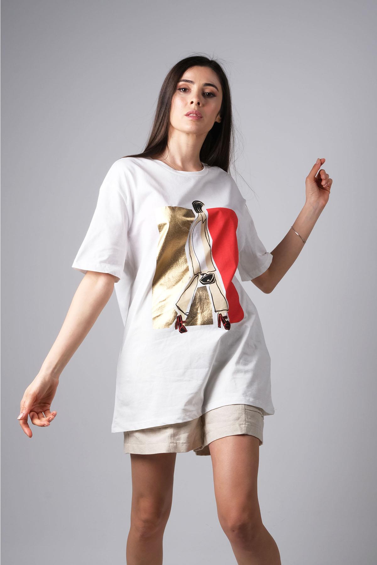 MIOROPA Ekru Renk Oversize Renkli Baskılı Tişört