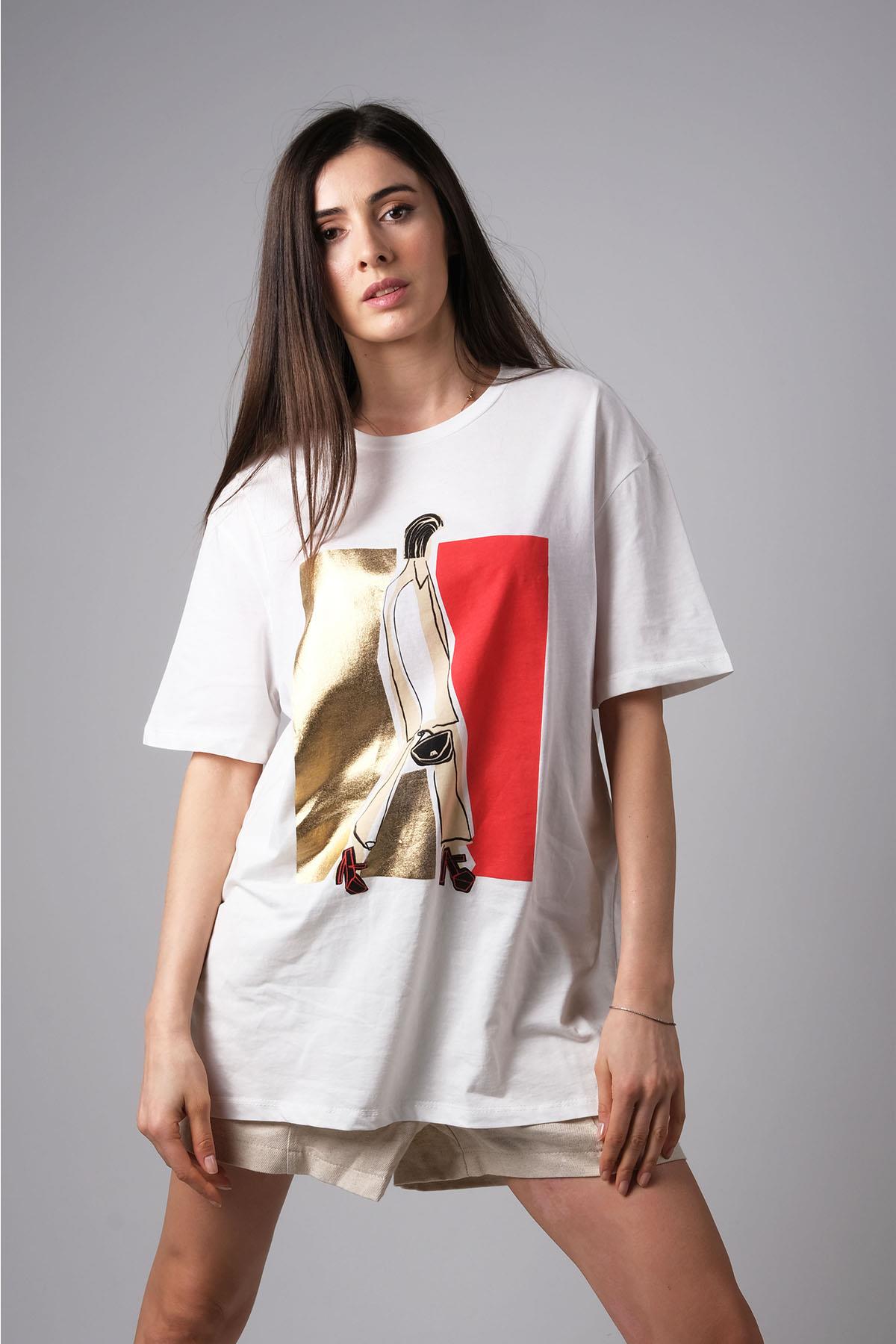 MIOROPA Ekru Renk Oversize Renkli Baskılı Tişört