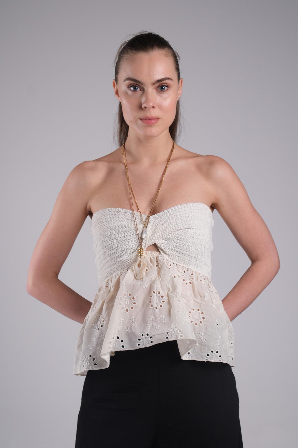 MIOROPA Ekru Renk Straplez Dantel Detaylı Bluz