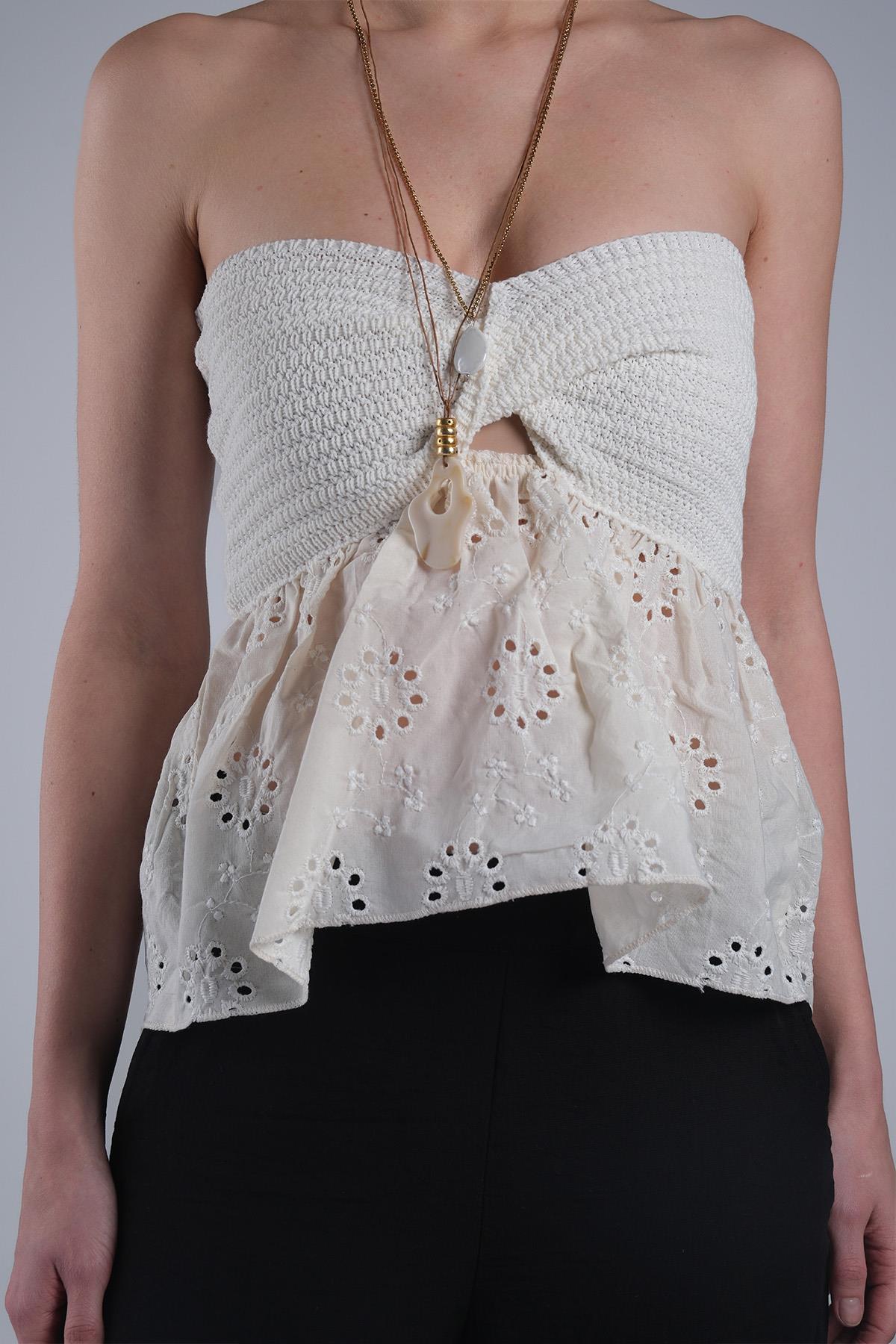 MIOROPA Ekru Renk Straplez Dantel Detaylı Bluz